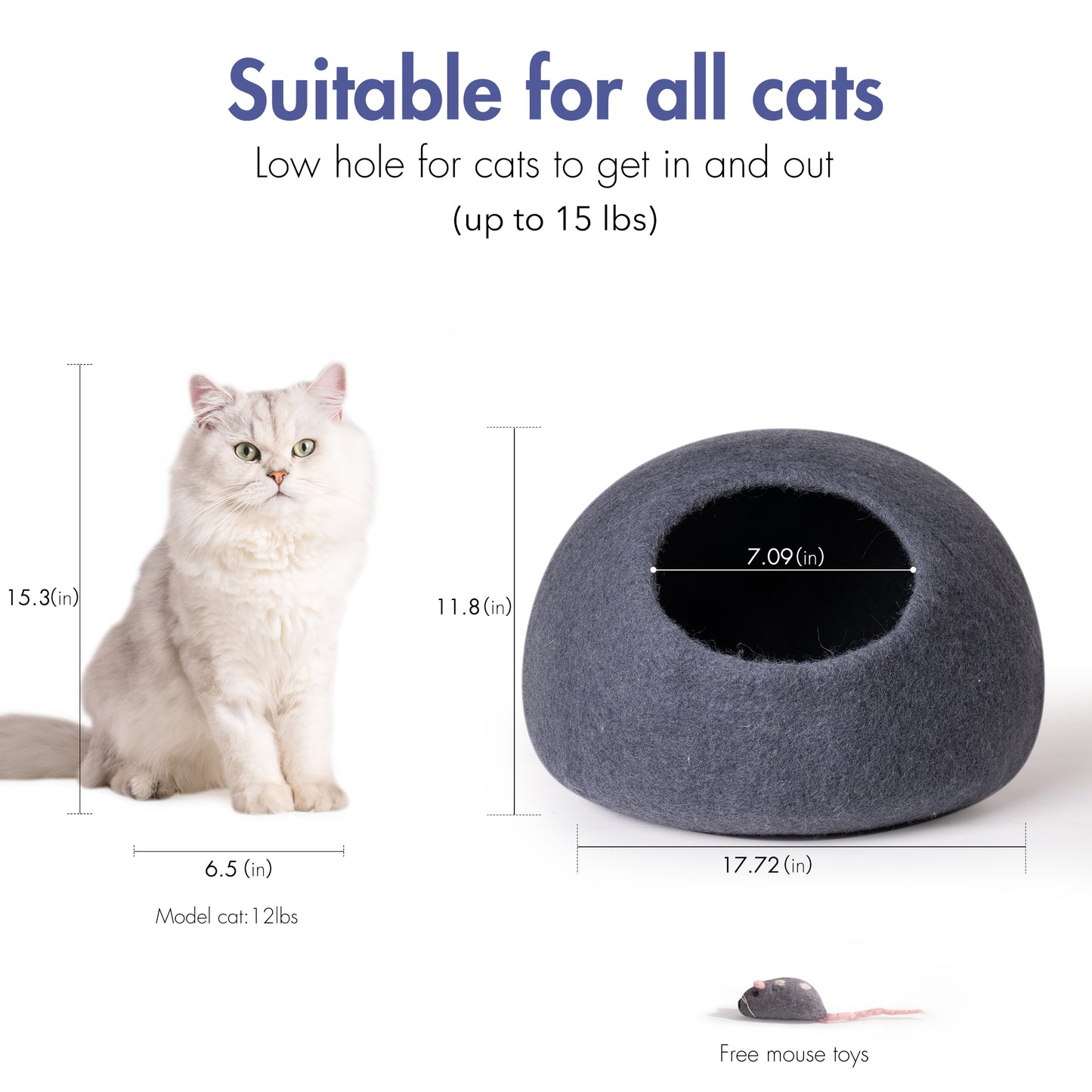 Cat Cave Bed - Handmade Wool Cat Bed Cave with Mouse Toy, Cozy and Durable, Available in Various Sizes and Colors