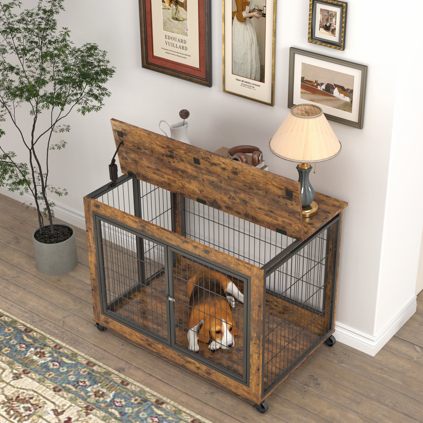 Furniture Dog Cage Crate with Double Doors, Rustic Brown, 38.58'' W x 25.2'' D x 27.17'' H - Spacious and Sturdy Dog Crate for Comfortable Confinement