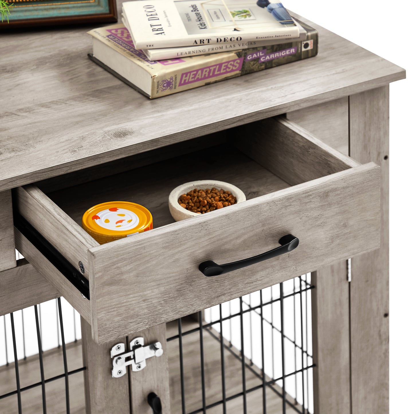 Furniture Style Dog Crate End Table with Drawer, Pet Kennels - Double Doors, Indoor Dog House - Grey, 29.9'' W x 24.8'' D x 30.71'' H