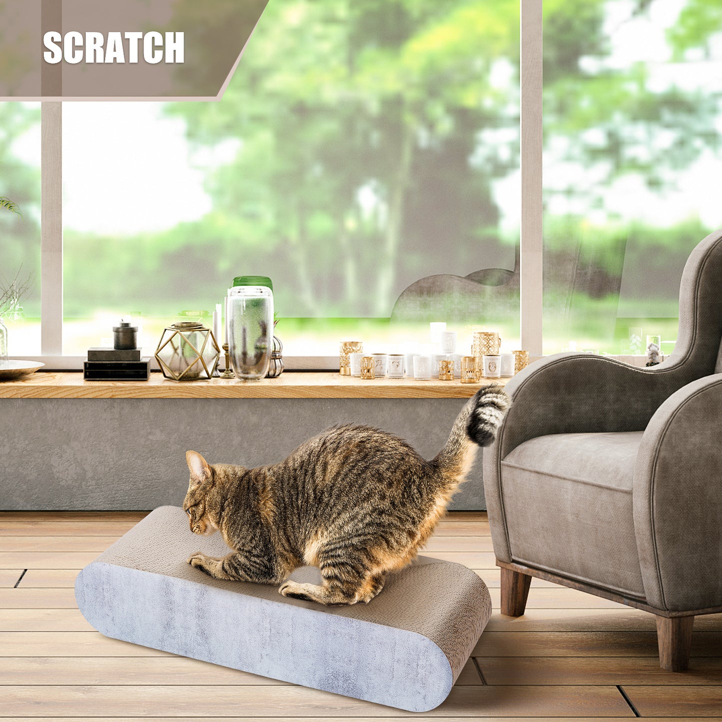 Fluffydream Cat Scratcher: Cardboard Lounge Bed, Bone Shape Design, Recyclable Corrugated Scratching Pad, Reversible, Grey