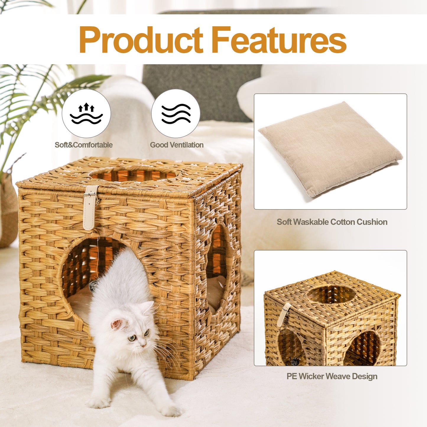 Rattan Cat Litter, Cat Bed with Rattan Ball & Cushion - Yellowish Brown, Cozy & Stylish Sleeping Space for Cats