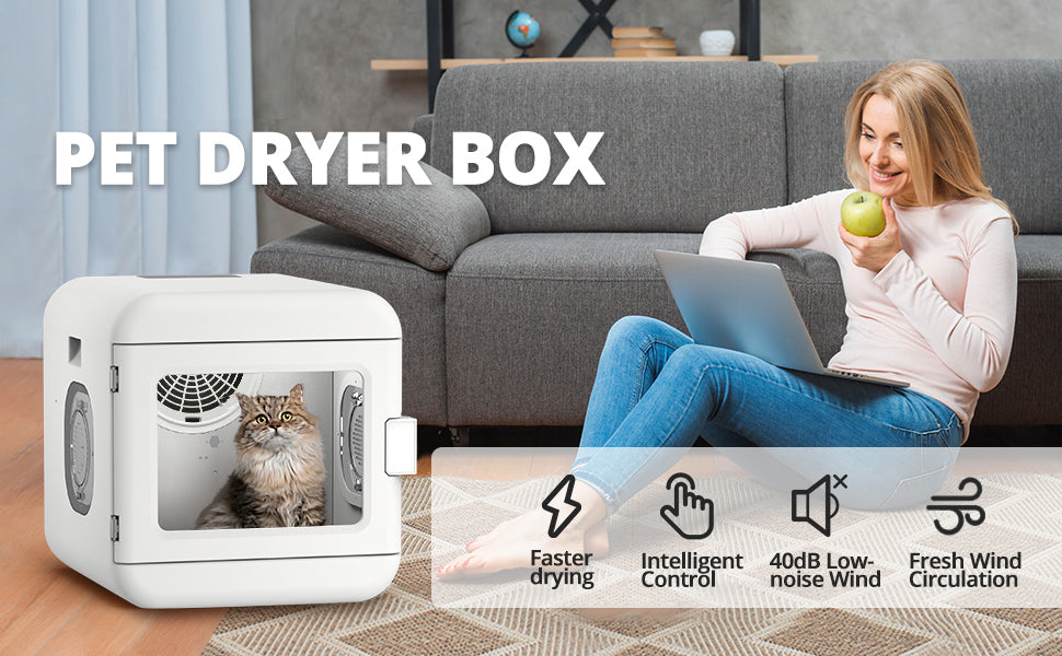 Pet Hair Dryer Box: Ultra Quiet Blow Dryer 6L Capacity for Cats & Small Dogs | Professional Fast Drying Blower with Intelligent Control, Adjustable Temperature & Time | 360° Warm Wind for Quick & Gentle Drying | Available in Various Sizes & Colors