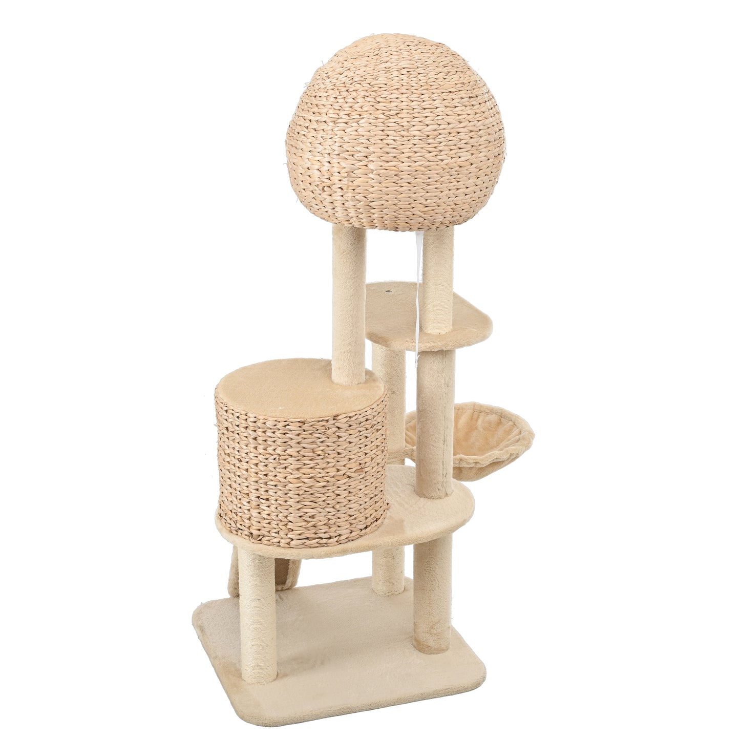 59-Inch Cat Tower for Indoor Cats, Plush Multi-Level Cat Condo with 2 Perches, 2 Caves, Cozy Basket and Scratching Board, Beige