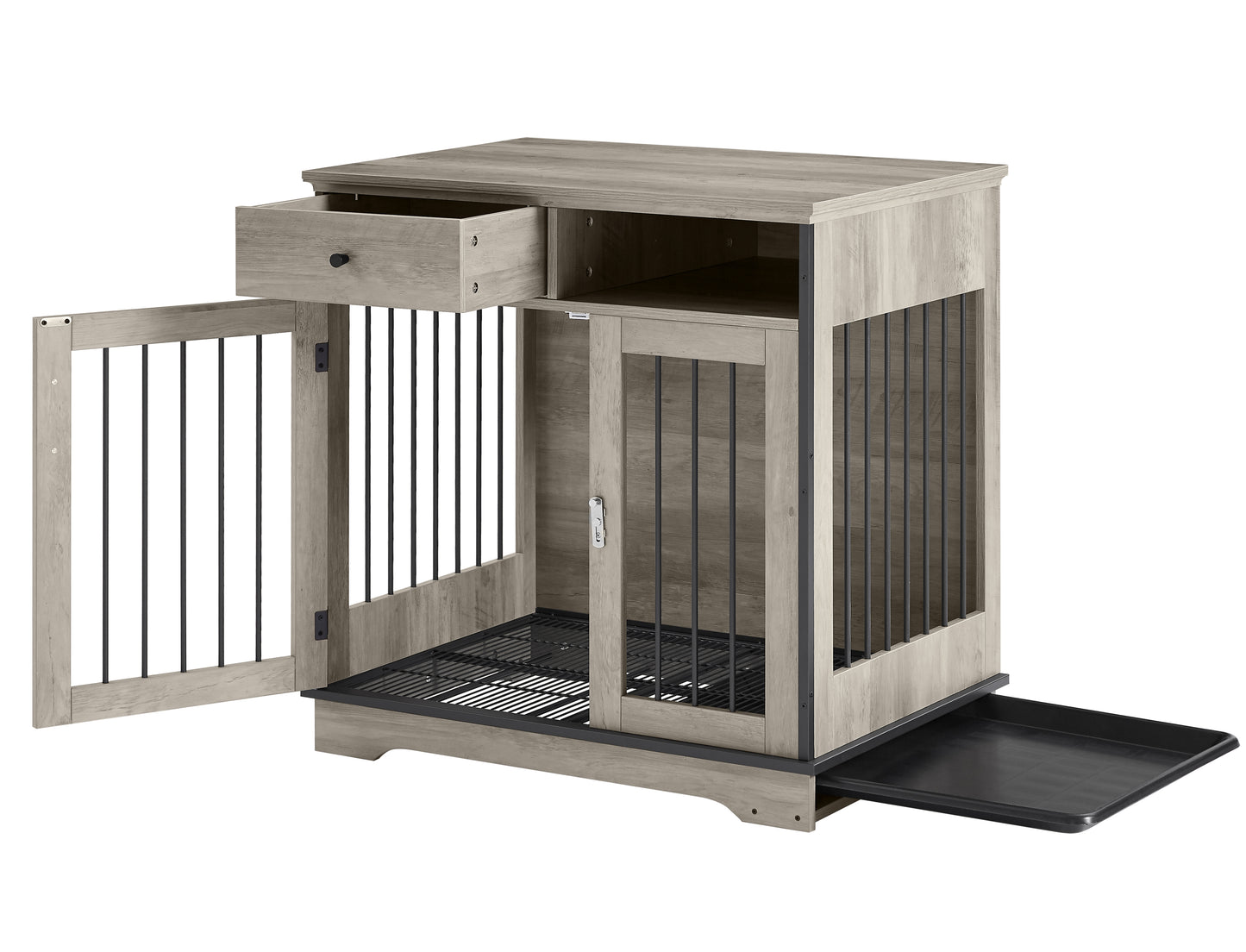 Furniture Dog Crate: Indoor Pet Crate End Tables, Wooden Kennels w/ Removable Trays, Grey, 32.3'' W x 22.8'' D x 33.5'' H