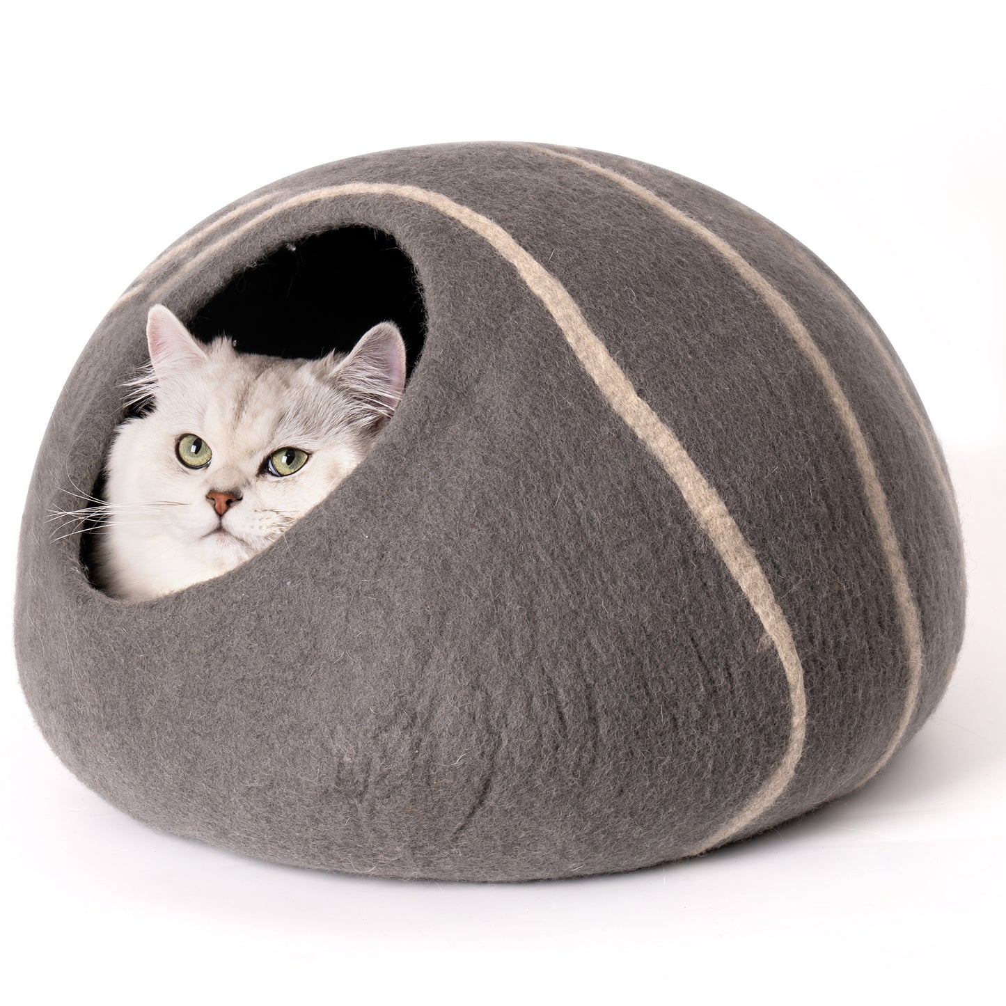 Handmade Wool Cat Cave Bed with Mouse Toy - Cozy, Natural, Large, Grey