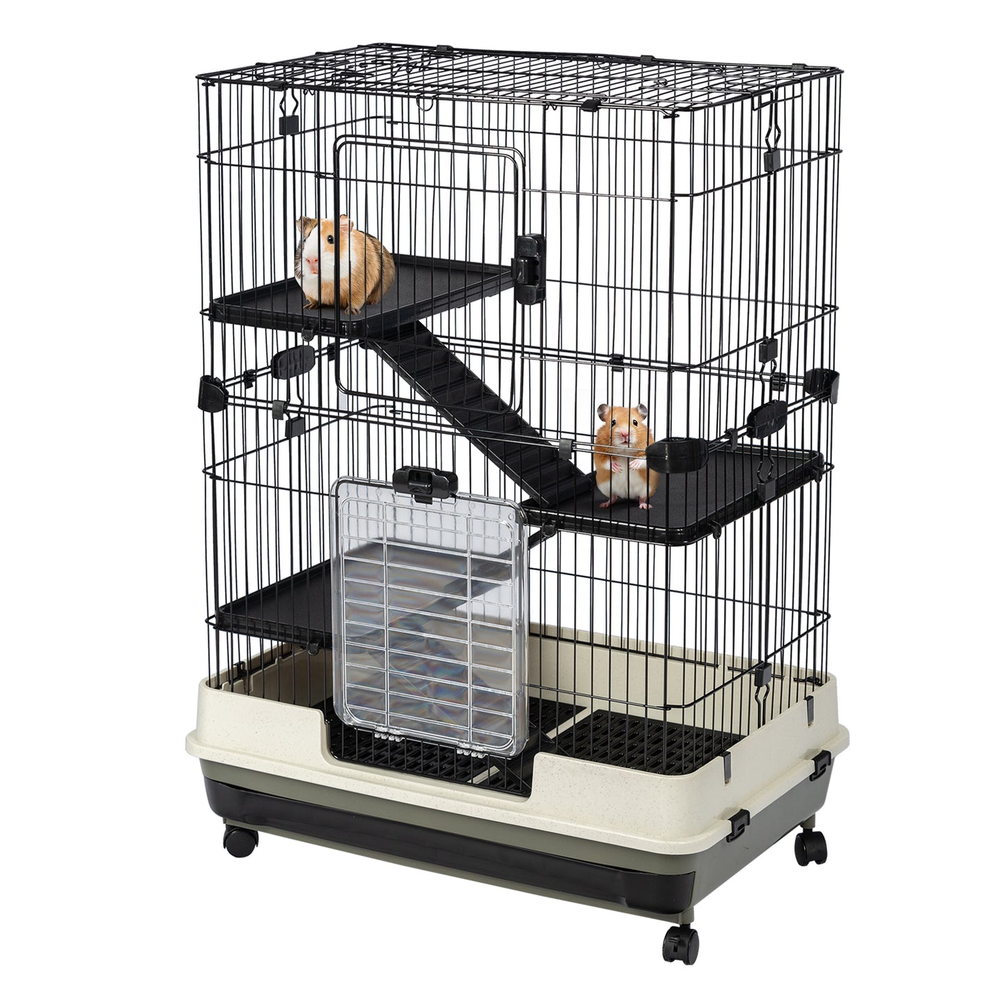 4-Tier 32" Small Animal Cage, Height Adjustable with Lockable Casters, Grilles & Pull-out Tray for Rabbit, Chinchilla, Ferret, Bunny, Guinea Pig, Squirrel, Hedgehog - Black