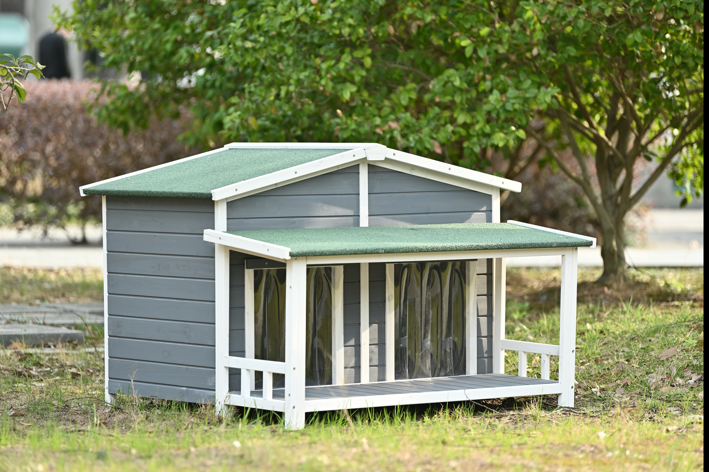 47.2" Large Wooden Dog House Outdoor, Cabin Style with Porch, 2 Doors, Gray and Green - Outdoor & Indoor Dog Crate