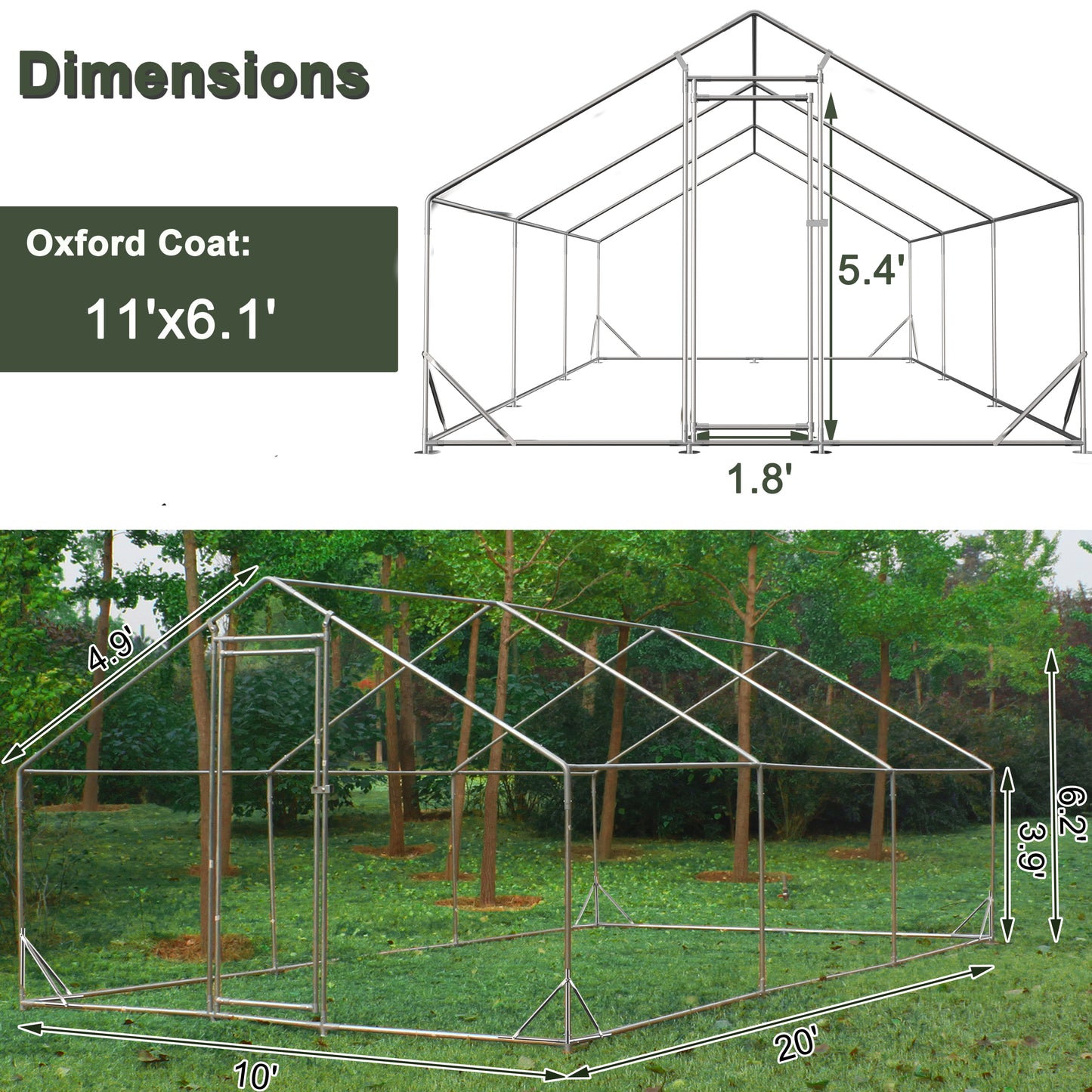 Large Metal Chicken Coop with Walk-in Chicken Run - Spacious Galvanized Wire Poultry Hen Pen Cage, Rabbits Duck Cages - Waterproof & Anti-Ultraviolet Cover - 10' L x 20' W x 6.56' H - Outdoor Use