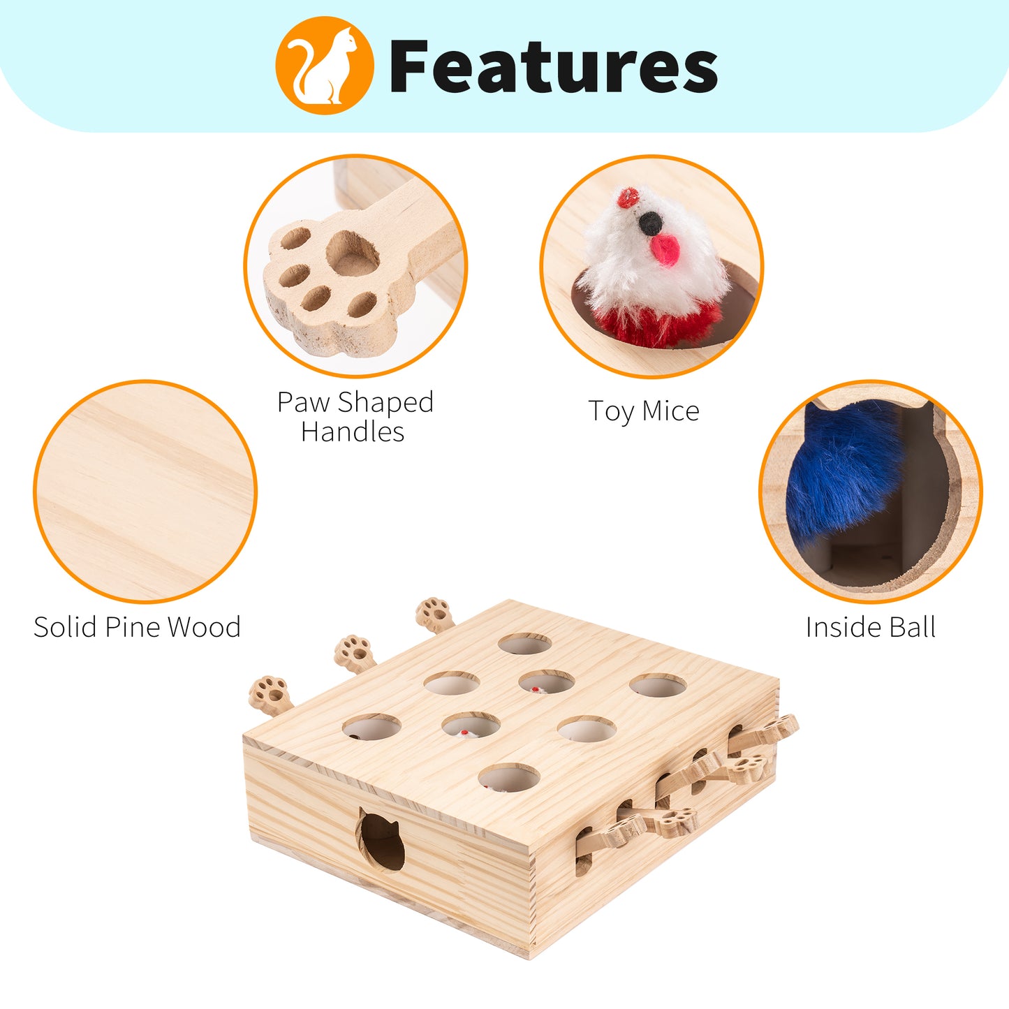 Interactive Whack-a-mole Solid Wood Cat Toy for Endless Fun, Stimulating Exercise, and Mental Stimulation - Suitable for Cats of All Sizes, Natural Wood Color