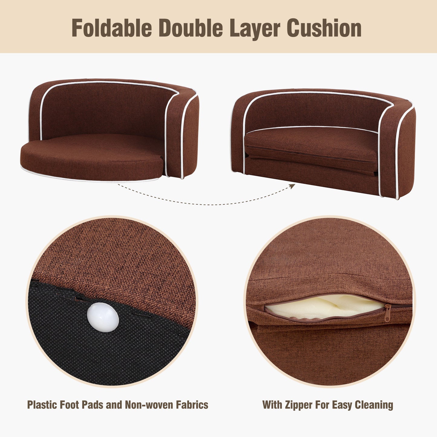 30" Brown Round Pet Sofa - Wooden Structure, Linen Goods, White Roller Lines on Edges - Curved Appearance with Cushion