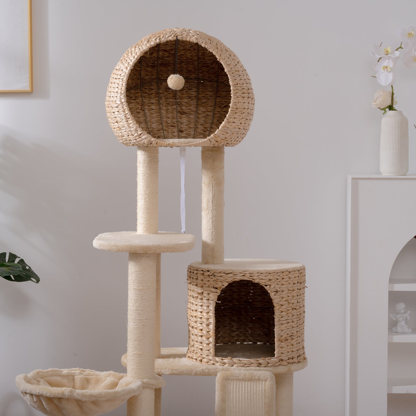 59-Inch Cat Tower for Indoor Cats, Plush Multi-Level Cat Condo with 2 Perches, 2 Caves, Cozy Basket and Scratching Board, Beige