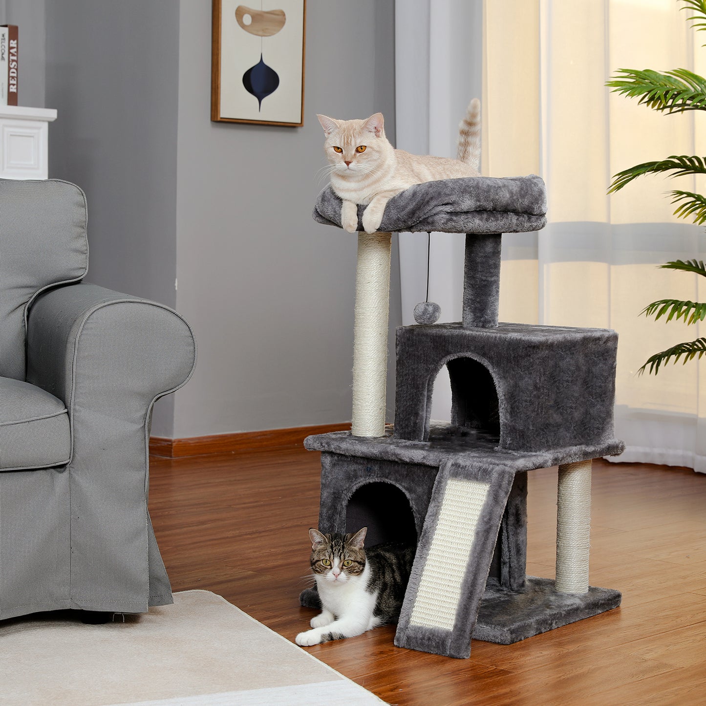 Cat Tree Luxury 34" Cat Tower with Double Condos, Spacious Perch, Scratching Sisal Posts & Replaceable Dangling Balls - Gray