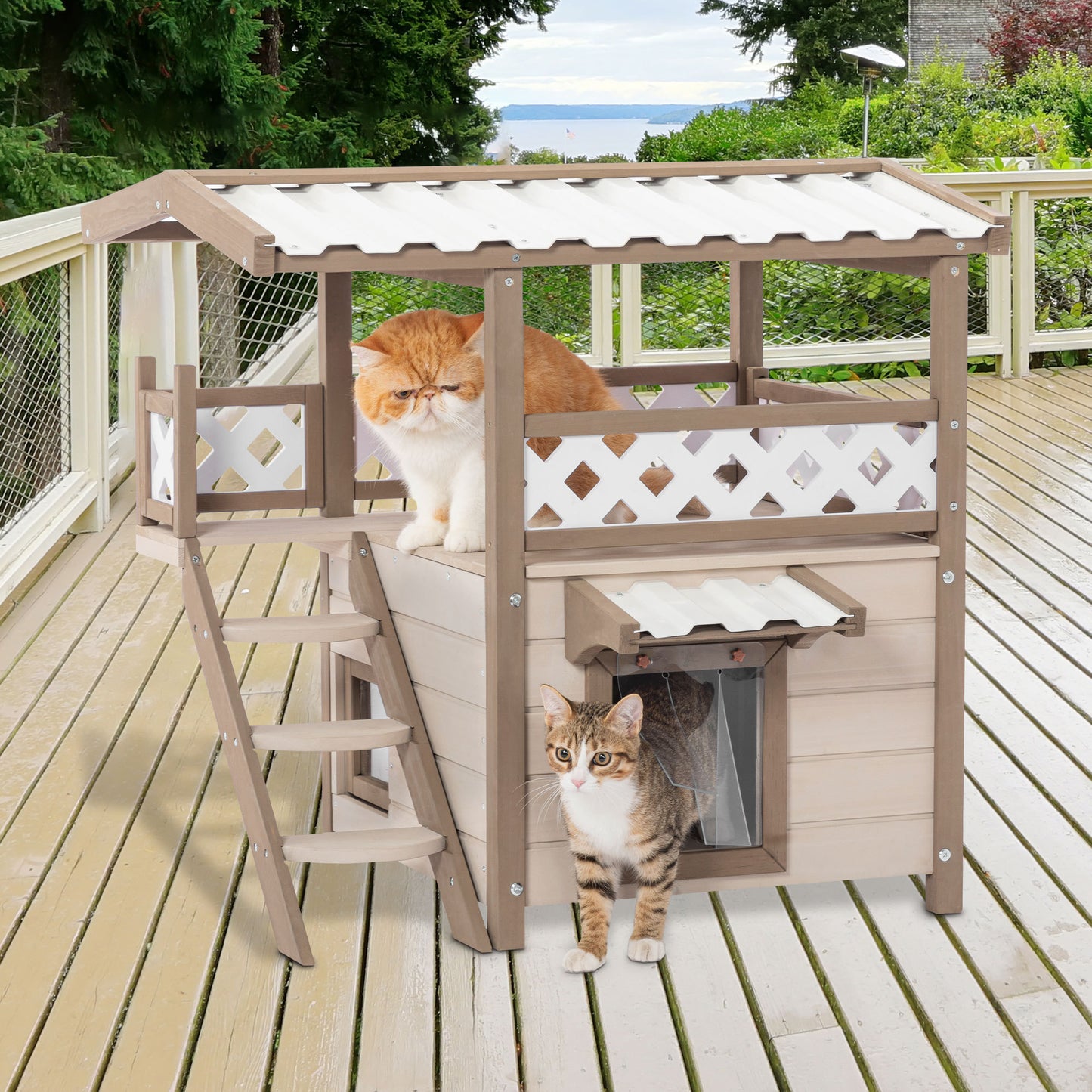 Feral Cat House: Outdoor & Indoor Kitty Houses with Durable PVC Roof, Escape Door, Curtain, and Stair. 2-Story Design for Multi Cats. Perfect for Sheltering Cats of All Sizes.