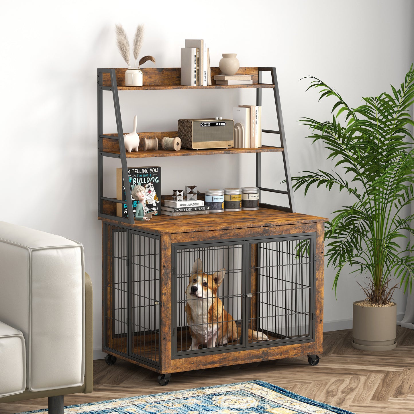 Furniture Style Dog Crate Side Table with Shelves, Double Doors & Raised Roof - Rustic Brown, 38.58''W x 25.5''D x 57''H