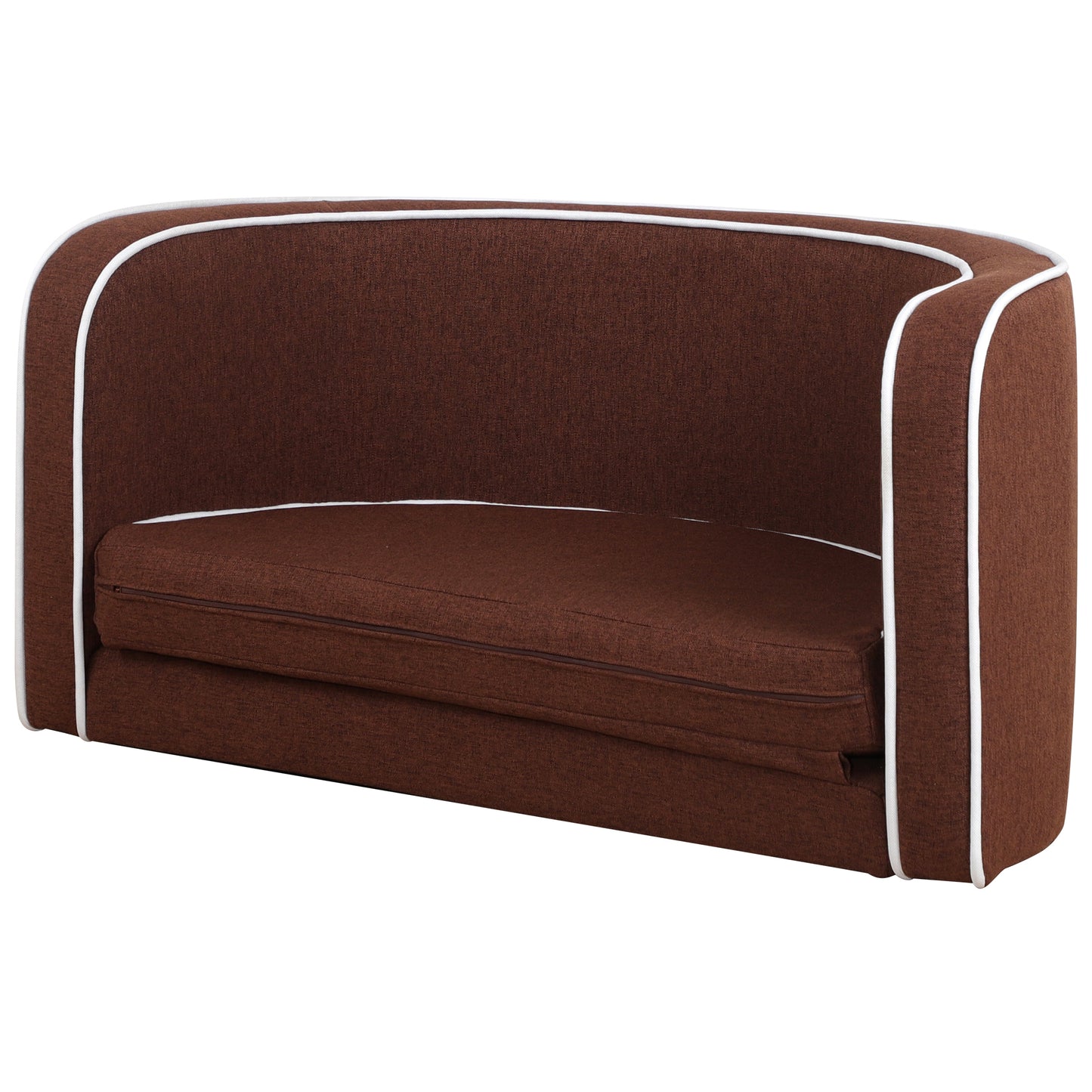 35" Brown Pet Sofa with Wooden Structure, Linen Goods, White Roller Lines, Curved Appearance & Cushion