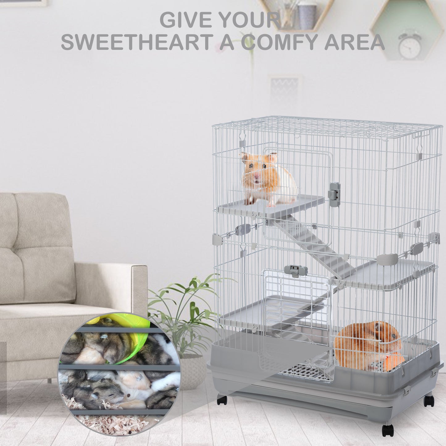 4-Tier 32" Small Animal Metal Cage, Height Adjustable with Lockable Casters, Grilles, Pull-out Tray for Rabbit, Chinchilla, Ferret, Bunny, Guinea Pig, Squirrel, Hedgehog (Grey)