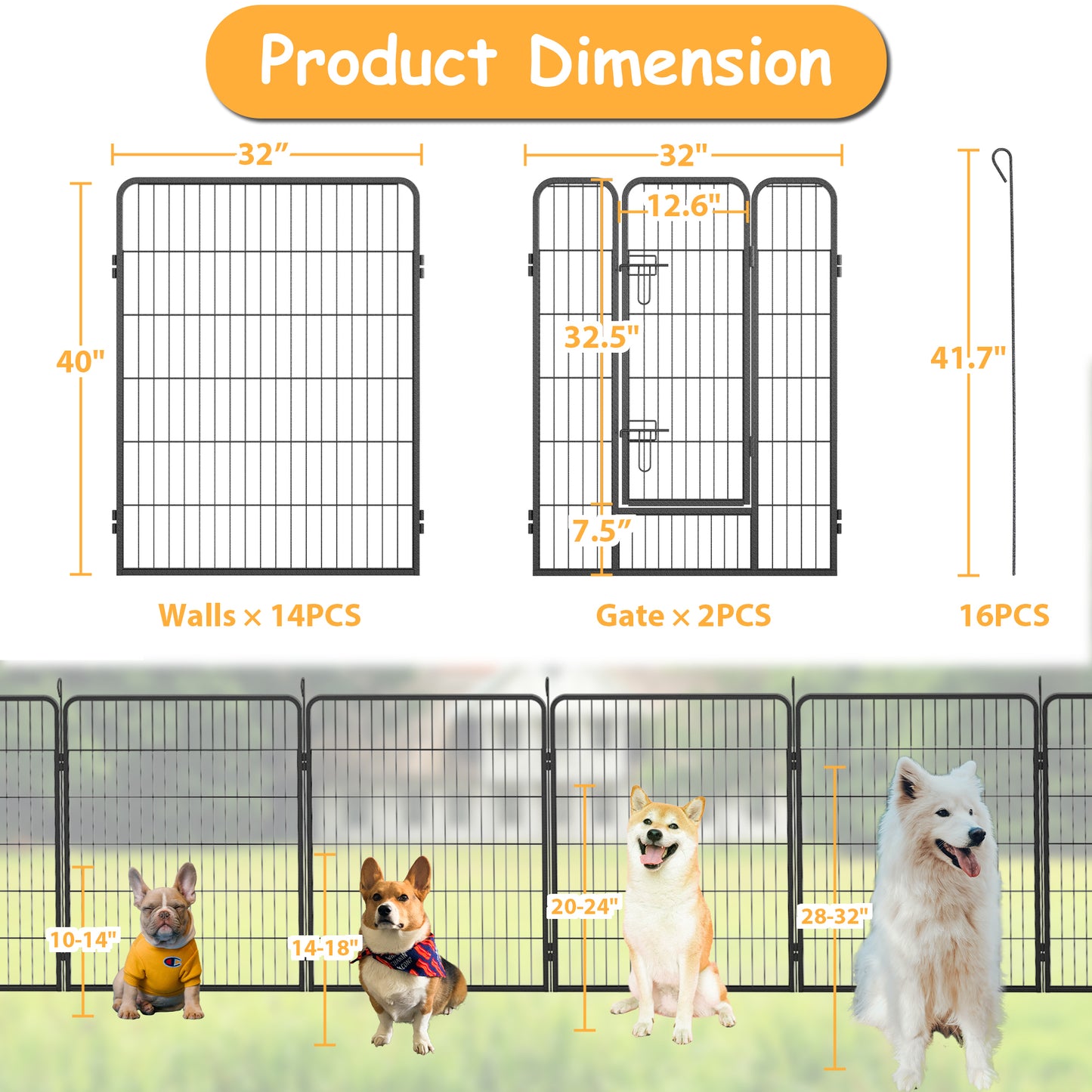 Dog Playpen Outdoor: 16-Panel 40" Height Exercise Fence w/ Doors for Large/Medium/Small Dogs - Portable Pet Playpen for Yard, RV, Camping - Hammer Paint Finish