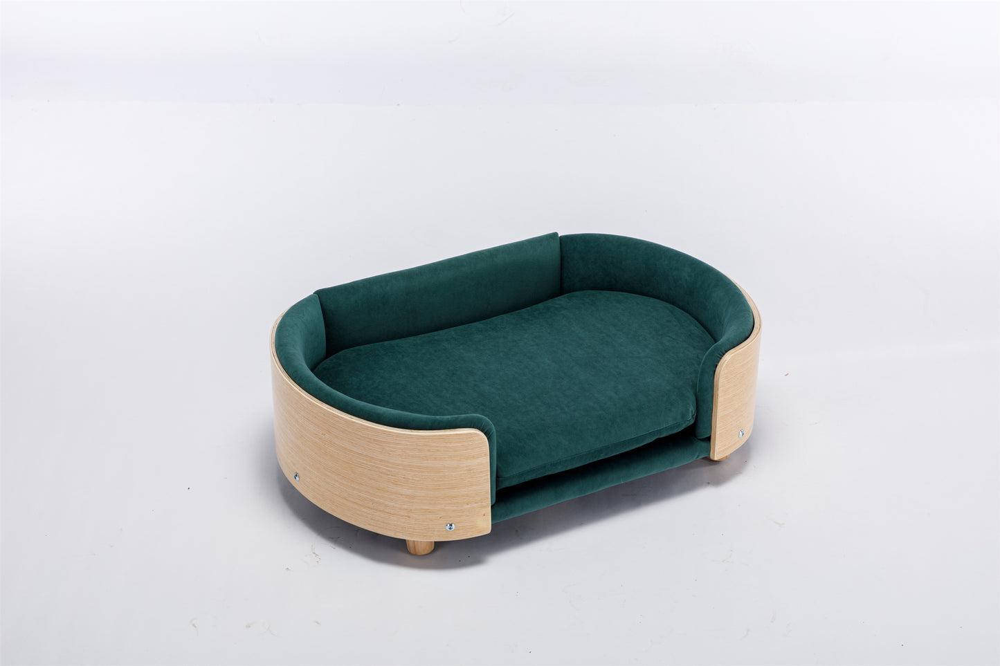 Scandinavian Style Elevated Dog Bed Pet Sofa: Solid Wood Legs, Bent Wood Back, Velvet Cushion - Mid Size, Dark Green