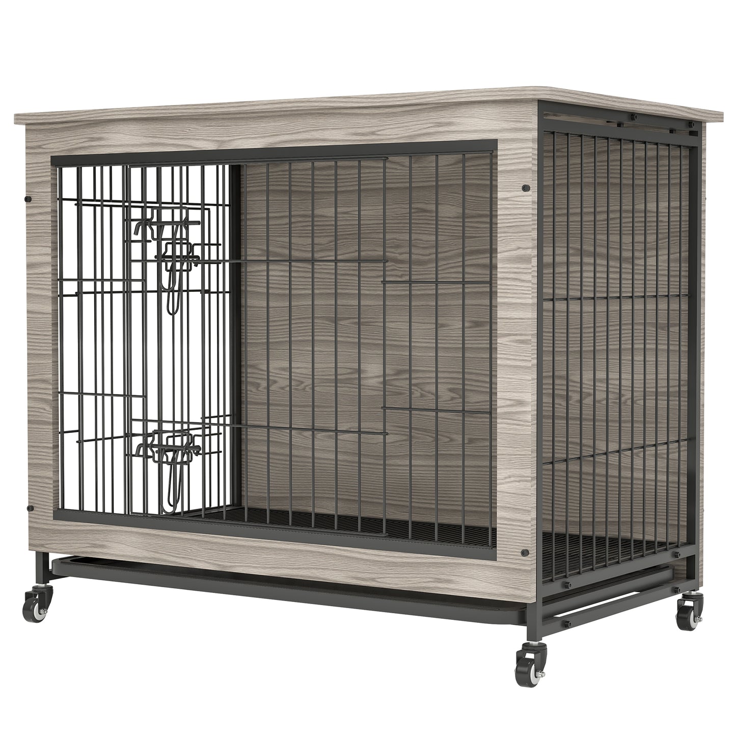 Dog Crate Furniture with Cushion, Wooden Table, Double-Doors, Kennel Indoor for Small Dog, Rustic Brown Grey - 23.6"L X 20"W X 26"H