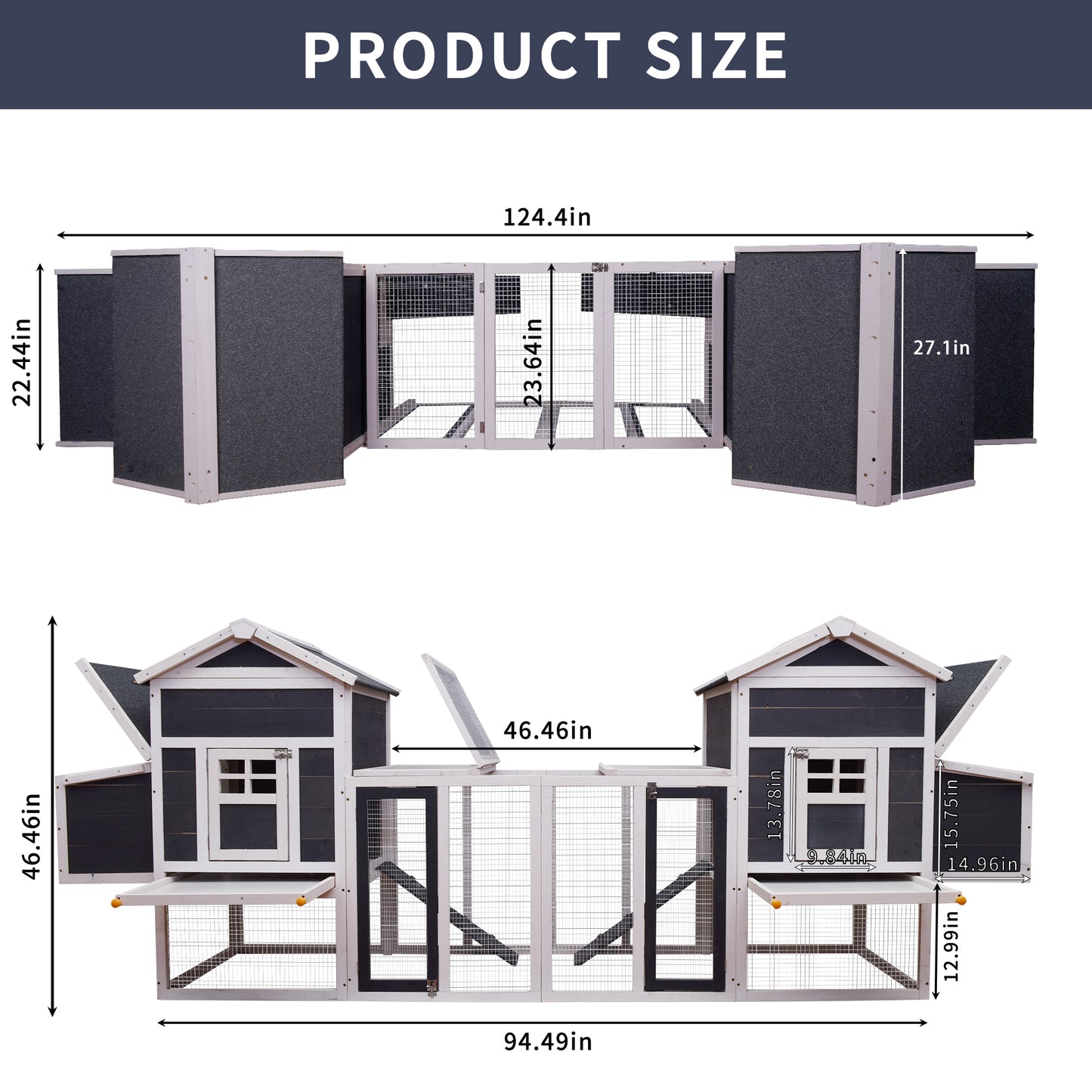 Outdoor Wooden Chicken Coop, 124" Large Hen Cage Rabbit House, Bunny Hutch with Ventilation Door, Removable Ramp, Chicken Nesting Box - Gray+White