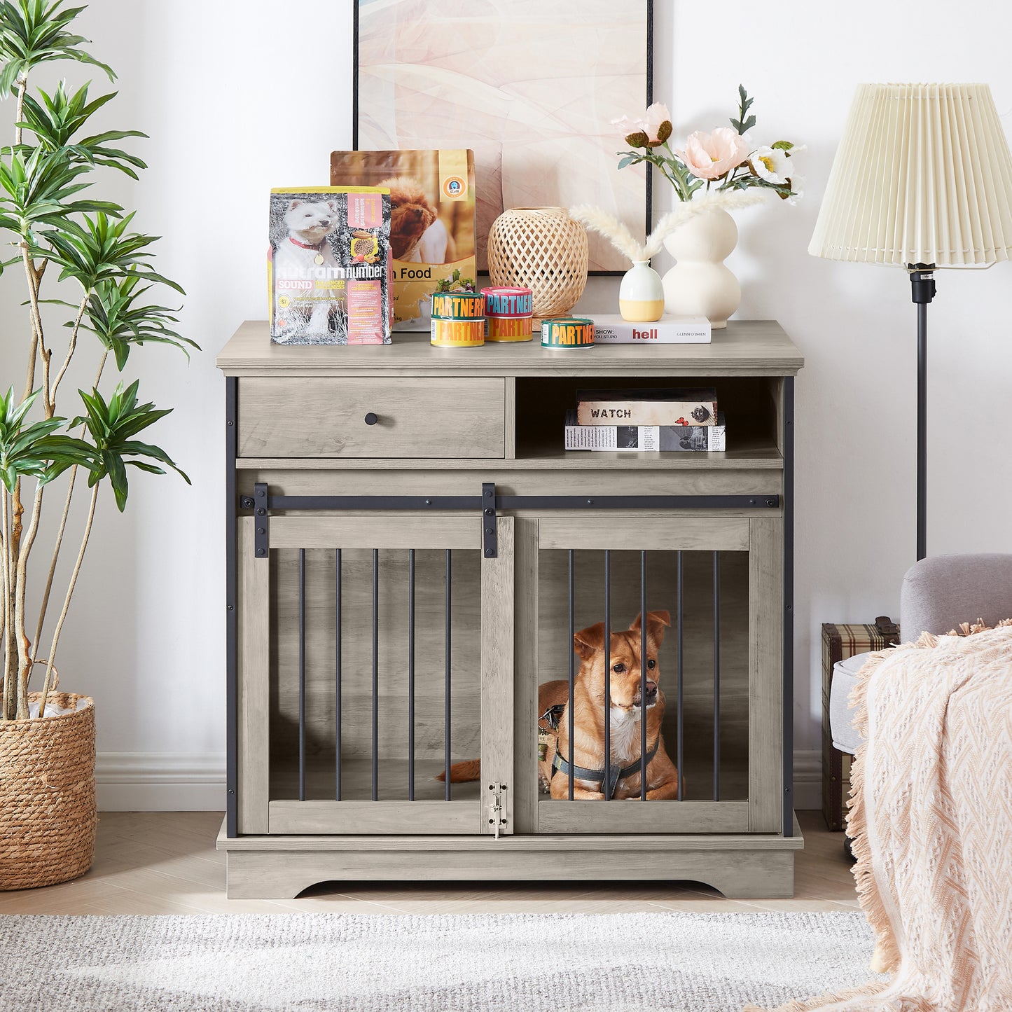 Sliding Door Dog Crate with Drawers - Grey, 35.43'' W x 23.62'' D x 33.46'' H: Spacious and Functional Pet Crate with Convenient Storage Drawers