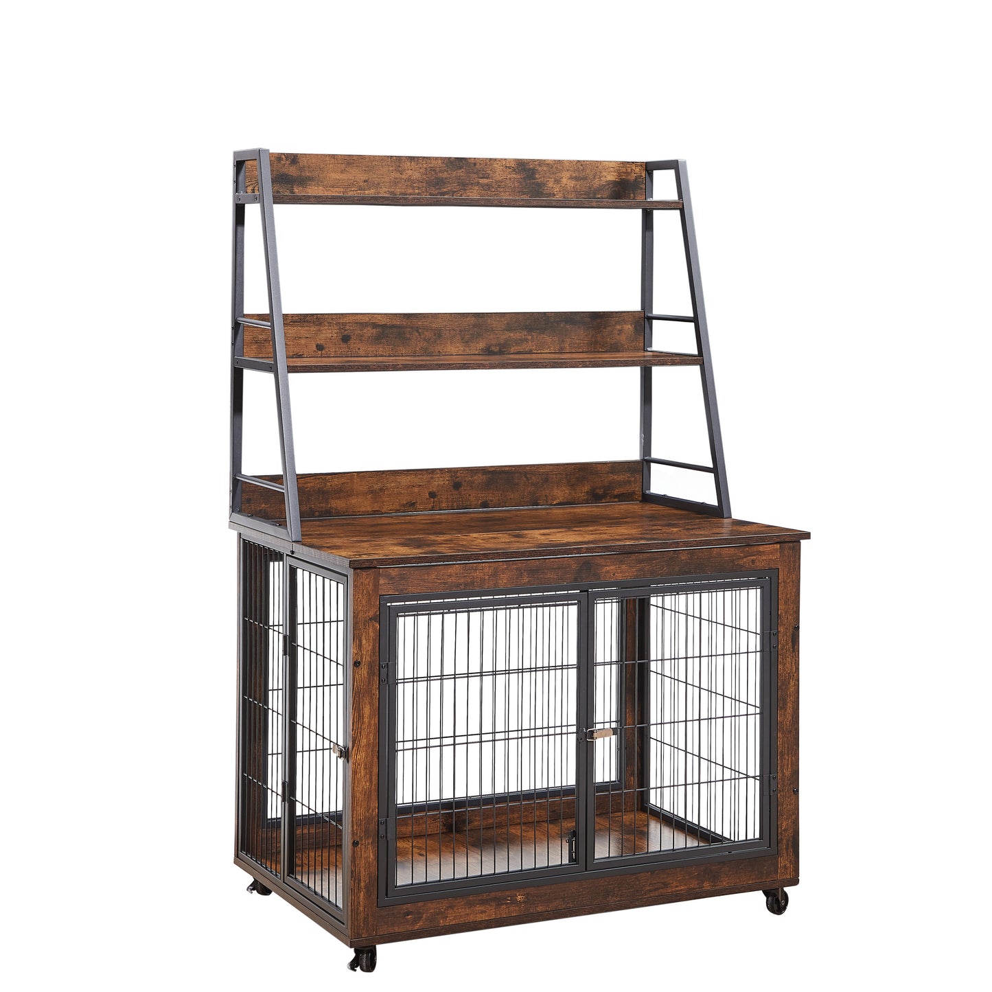 Furniture Style Dog Crate Side Table with Shelves, Double Doors & Raised Roof - Rustic Brown, 38.58''W x 25.5''D x 57''H