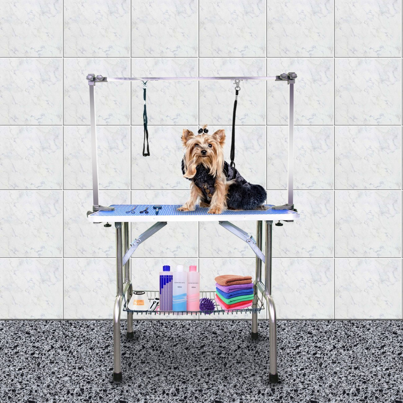 High-Quality Folding Pet Grooming Table with Stainless Legs and Arms, Blue Rubber Top & Storage Basket