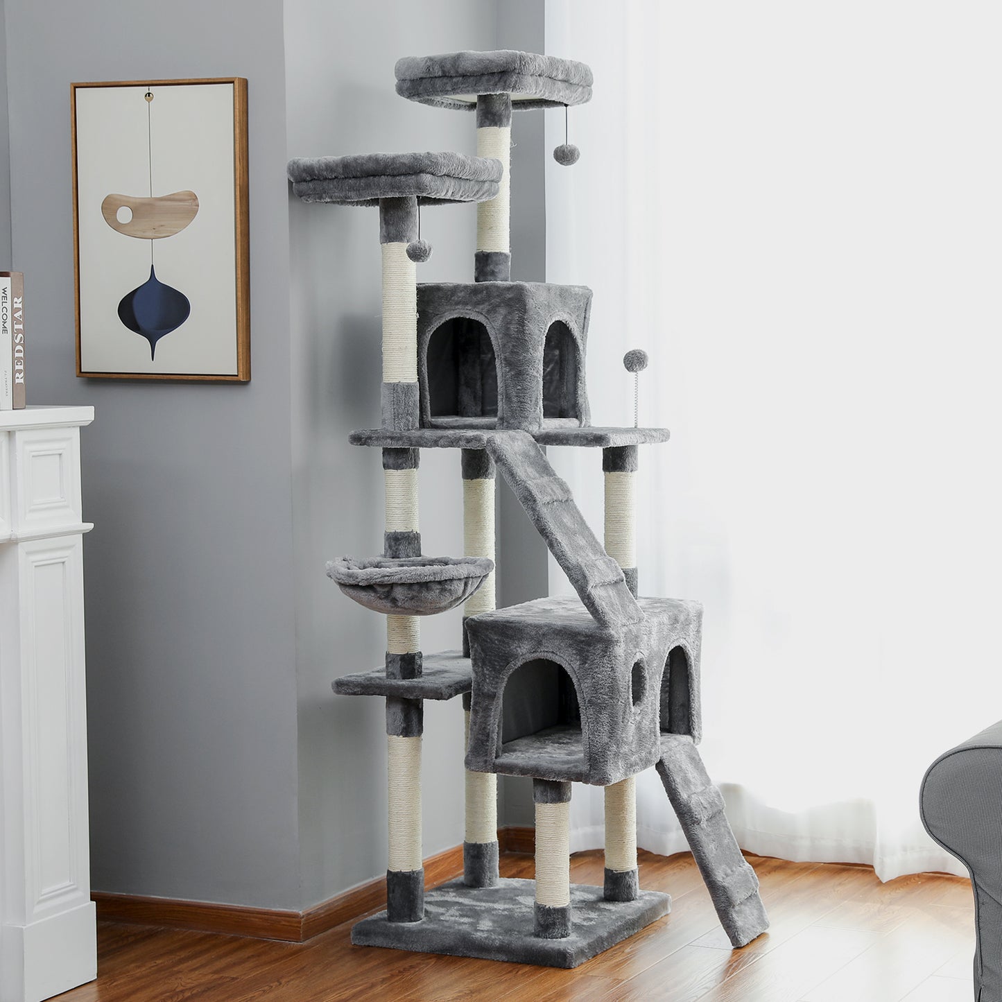 Cat Tree 69 Inches Cat Tower: 2 Condos, 2 Perches, Grey - Climber Furniture