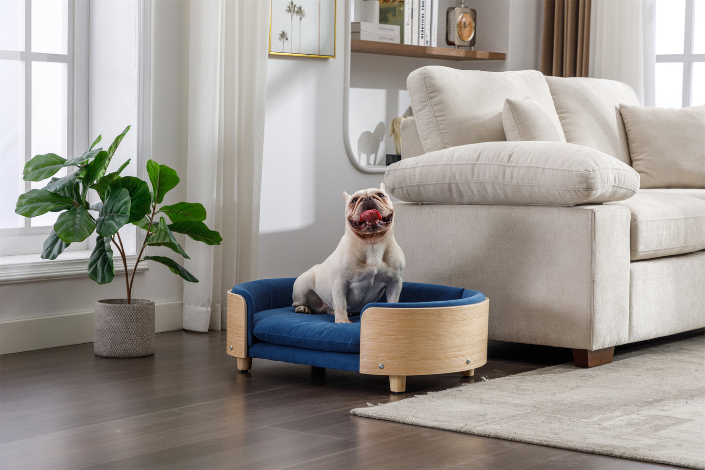 Scandinavian Style Elevated Dog Bed Pet Sofa with Solid Wood Legs, Bent Wood Back, and Velvet Cushion - Mid Size, Dark Blue