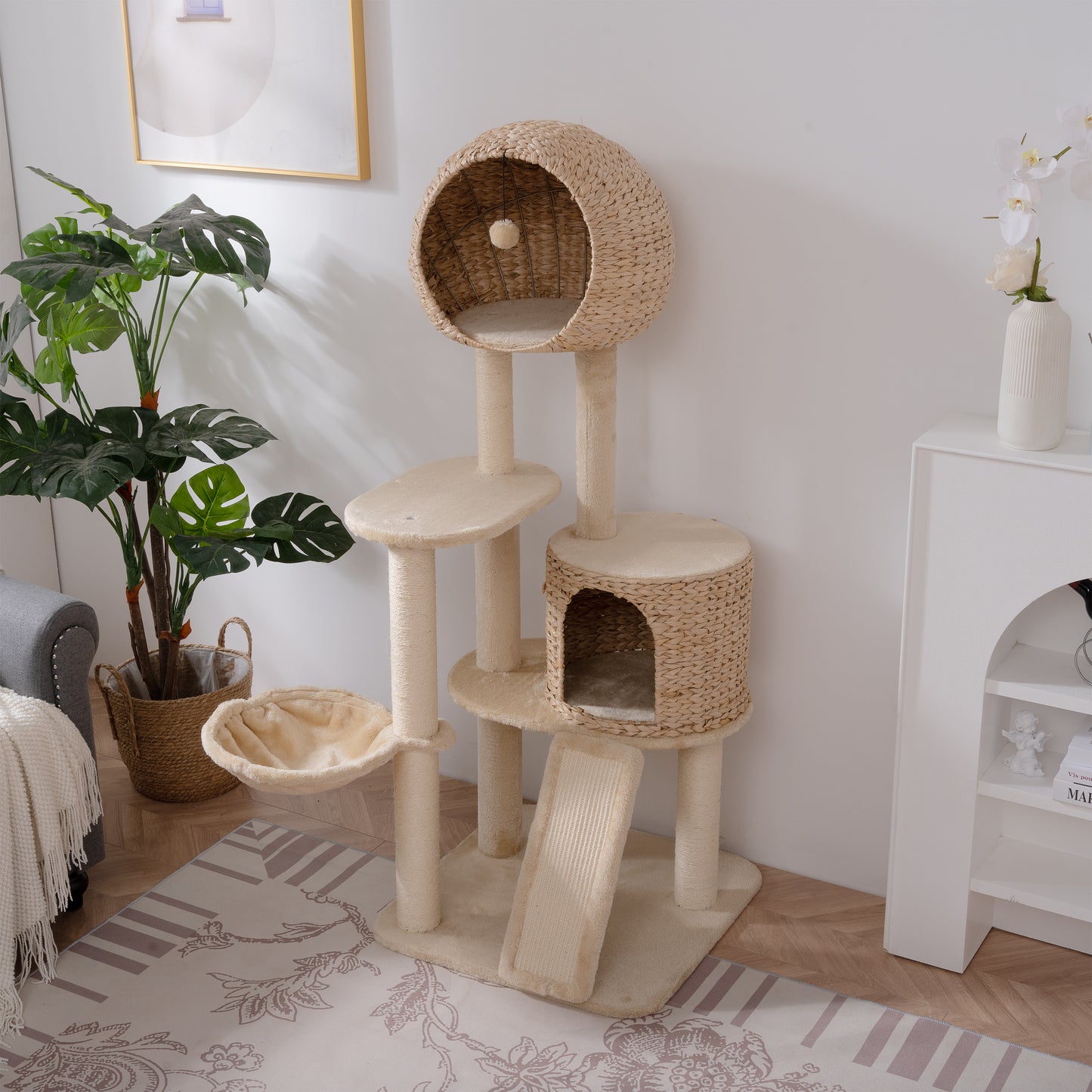 59-Inch Cat Tower for Indoor Cats, Plush Multi-Level Cat Condo with 2 Perches, 2 Caves, Cozy Basket and Scratching Board, Beige