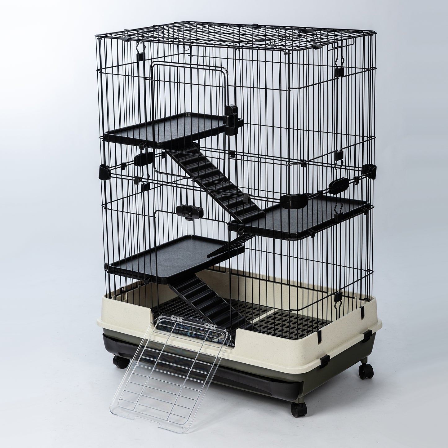 4-Tier 32" Small Animal Cage, Height Adjustable with Lockable Casters, Grilles & Pull-out Tray for Rabbit, Chinchilla, Ferret, Bunny, Guinea Pig, Squirrel, Hedgehog - Black