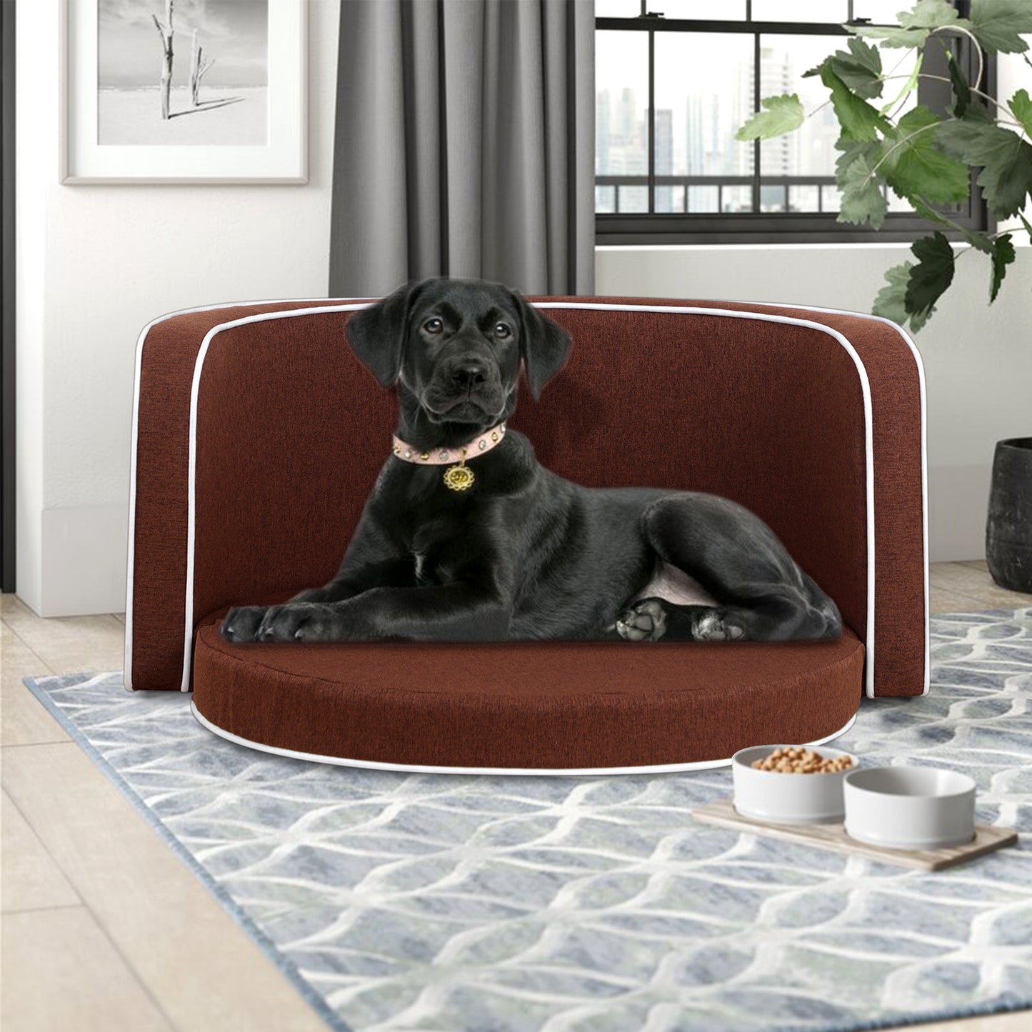 35" Brown Pet Sofa with Wooden Structure, Linen Goods, White Roller Lines, Curved Appearance & Cushion