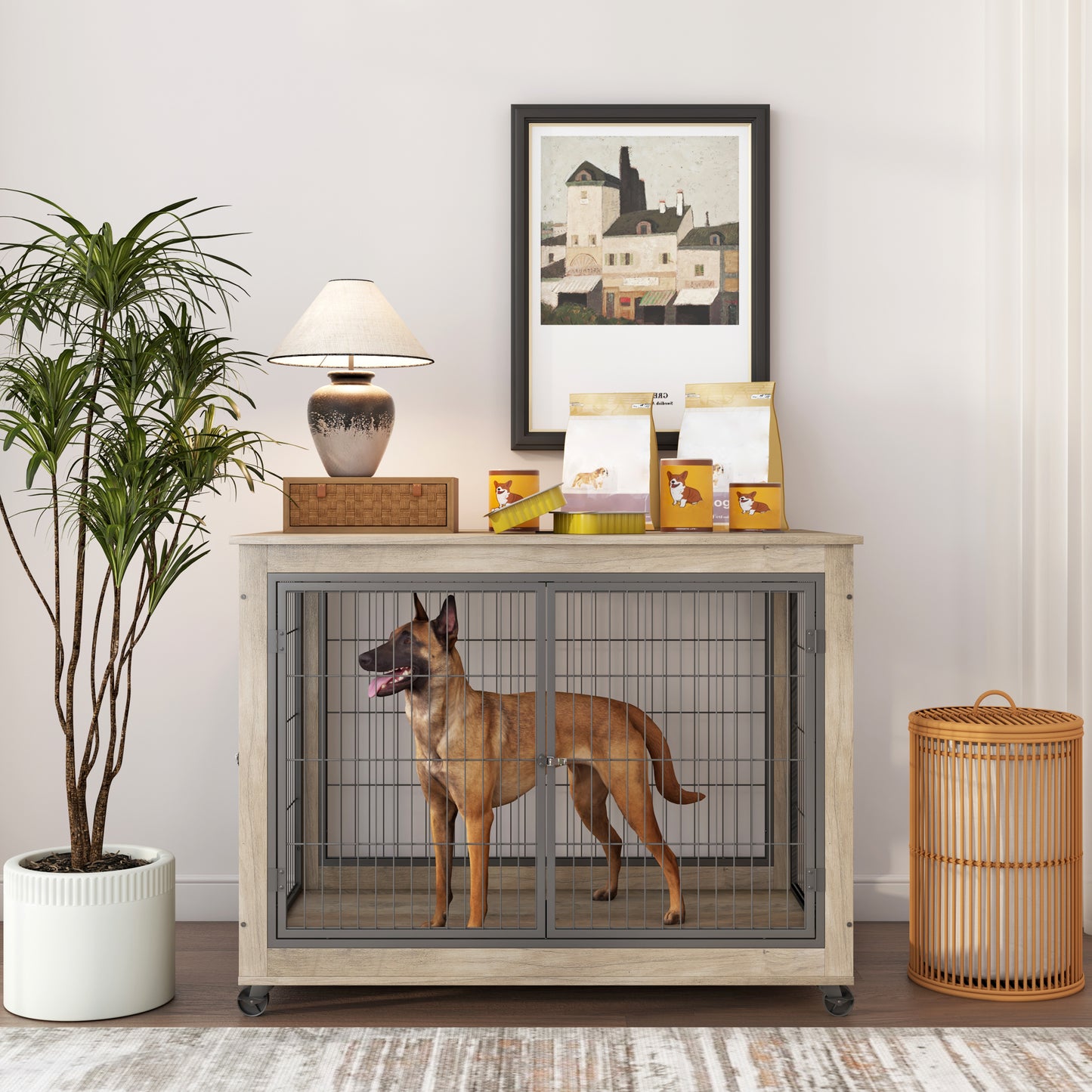 Furniture Style Dog Crate Side Table on Wheels: Double Doors, Lift Top | Grey, 43.7" W x 30" D x 31.1" H