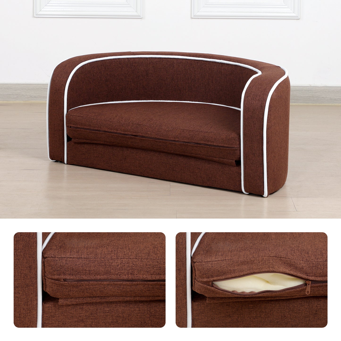 30" Brown Round Pet Sofa - Wooden Structure, Linen Goods, White Roller Lines on Edges - Curved Appearance with Cushion