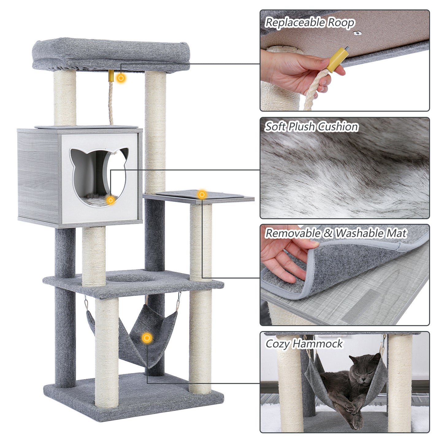 52-Inch Multi-Level Modern Wooden Cat Tower with Hammock, Scratching Posts, and Condo for Adult Cats - Gray Color