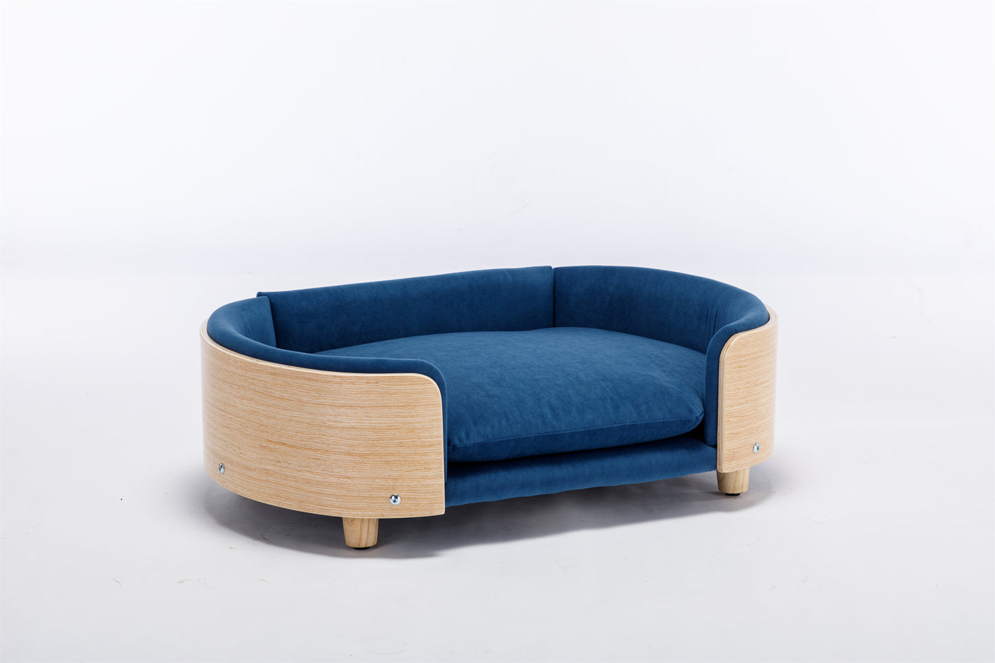 Scandinavian Style Elevated Dog Bed Pet Sofa with Solid Wood Legs, Bent Wood Back, and Velvet Cushion - Mid Size, Dark Blue