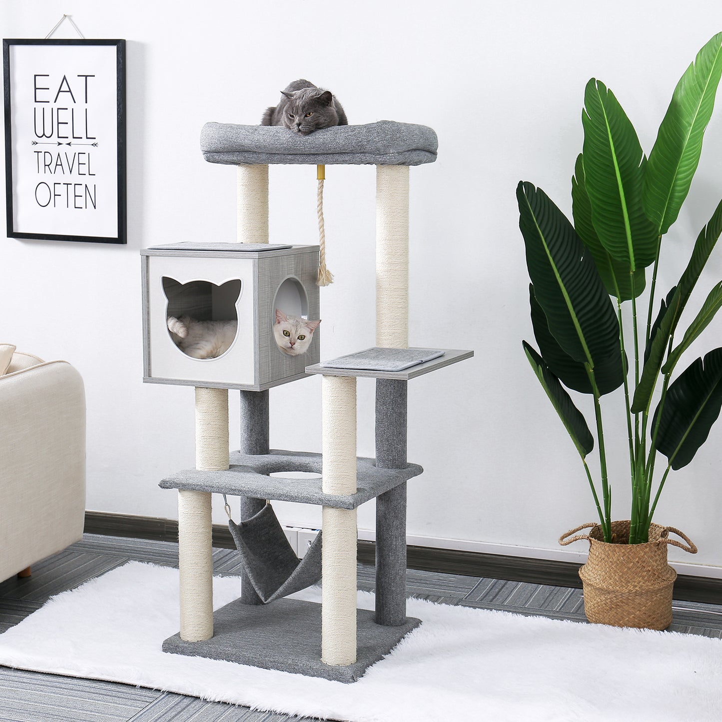 52-Inch Multi-Level Modern Wooden Cat Tower with Hammock, Scratching Posts, and Condo for Adult Cats - Gray Color