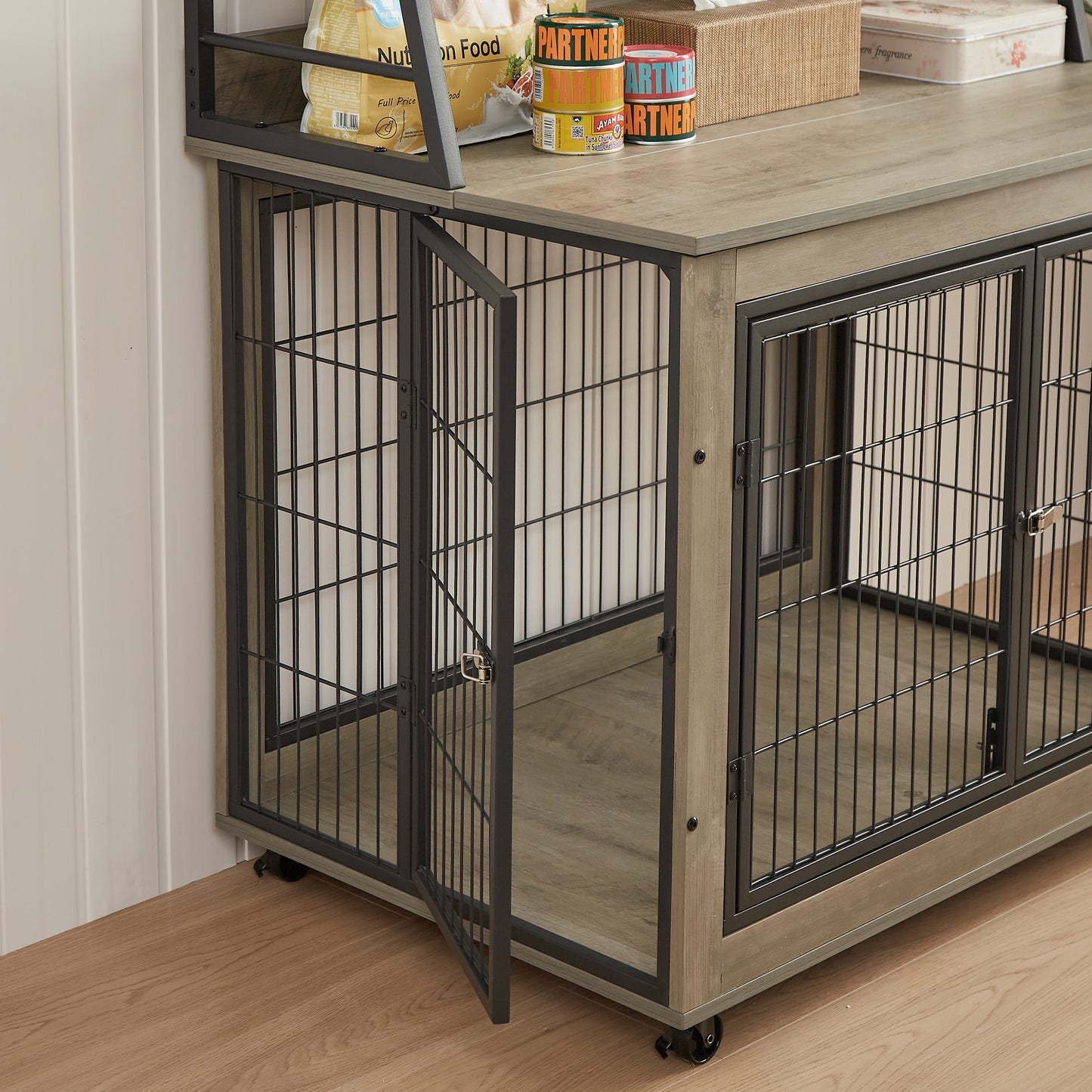 Furniture Style Dog Crate Side Table with Shelves, Double Doors, and Raised Roof - Grey, 38.58''W x 25.5''D x 57''H