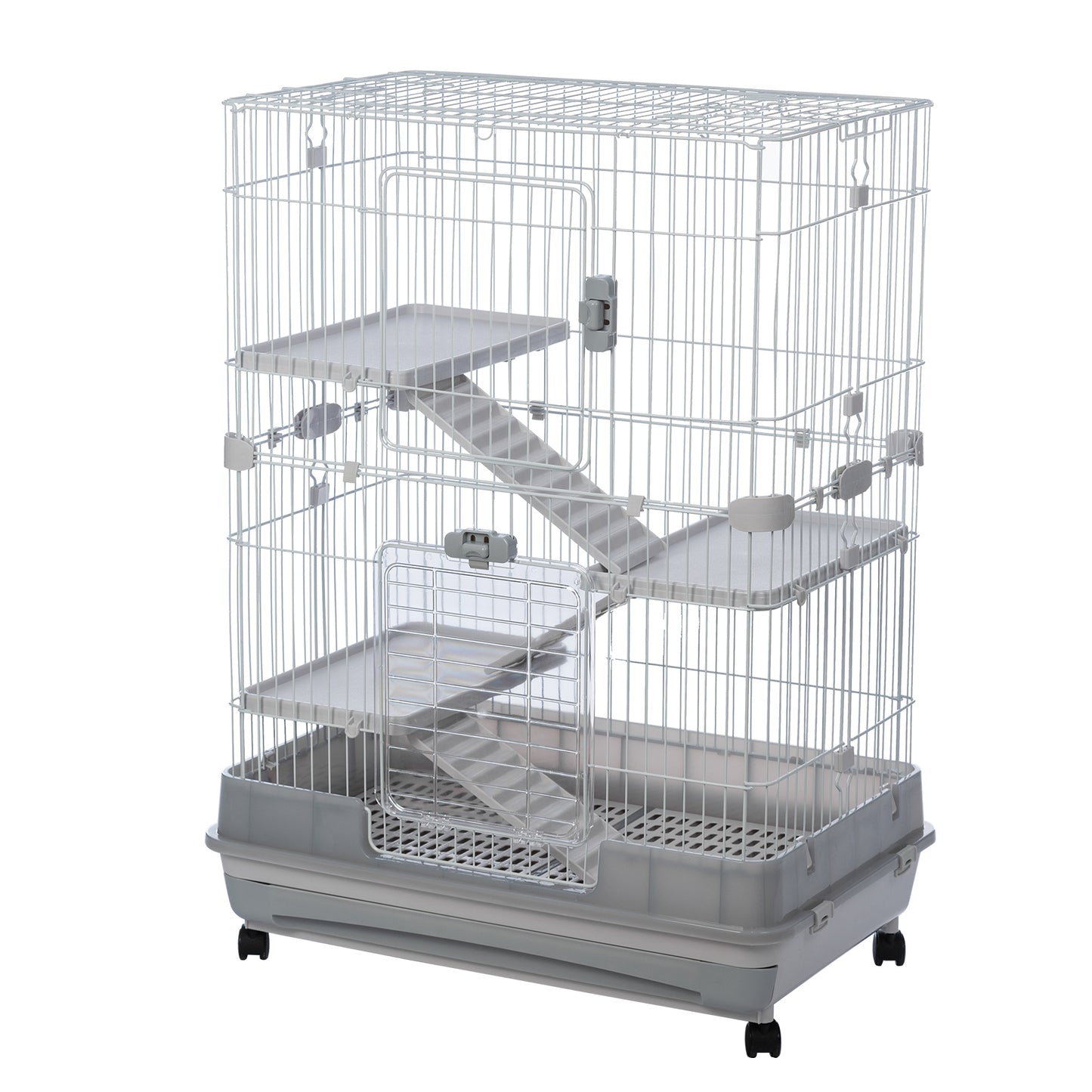 4-Tier 32" Small Animal Metal Cage, Height Adjustable with Lockable Casters, Grilles, Pull-out Tray for Rabbit, Chinchilla, Ferret, Bunny, Guinea Pig, Squirrel, Hedgehog (Grey)