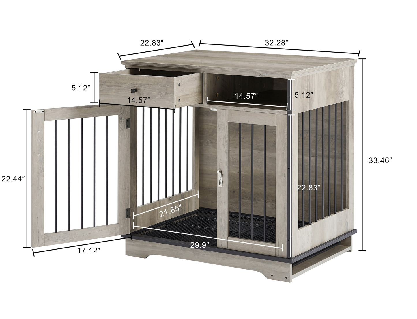 Furniture Dog Crate: Indoor Pet Crate End Tables, Wooden Kennels w/ Removable Trays, Grey, 32.3'' W x 22.8'' D x 33.5'' H