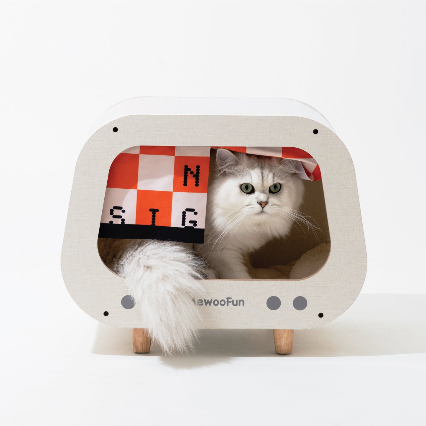 Classic Wooden TV-Shaped Cat Bed with Cushion, White - Cozy Cat House for Rest and Play