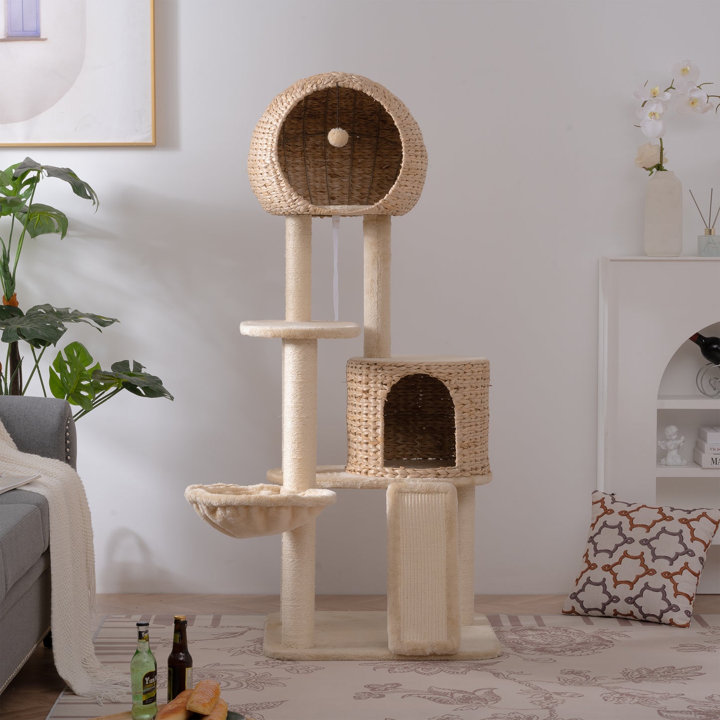 59-Inch Cat Tower for Indoor Cats, Plush Multi-Level Cat Condo with 2 Perches, 2 Caves, Cozy Basket and Scratching Board, Beige