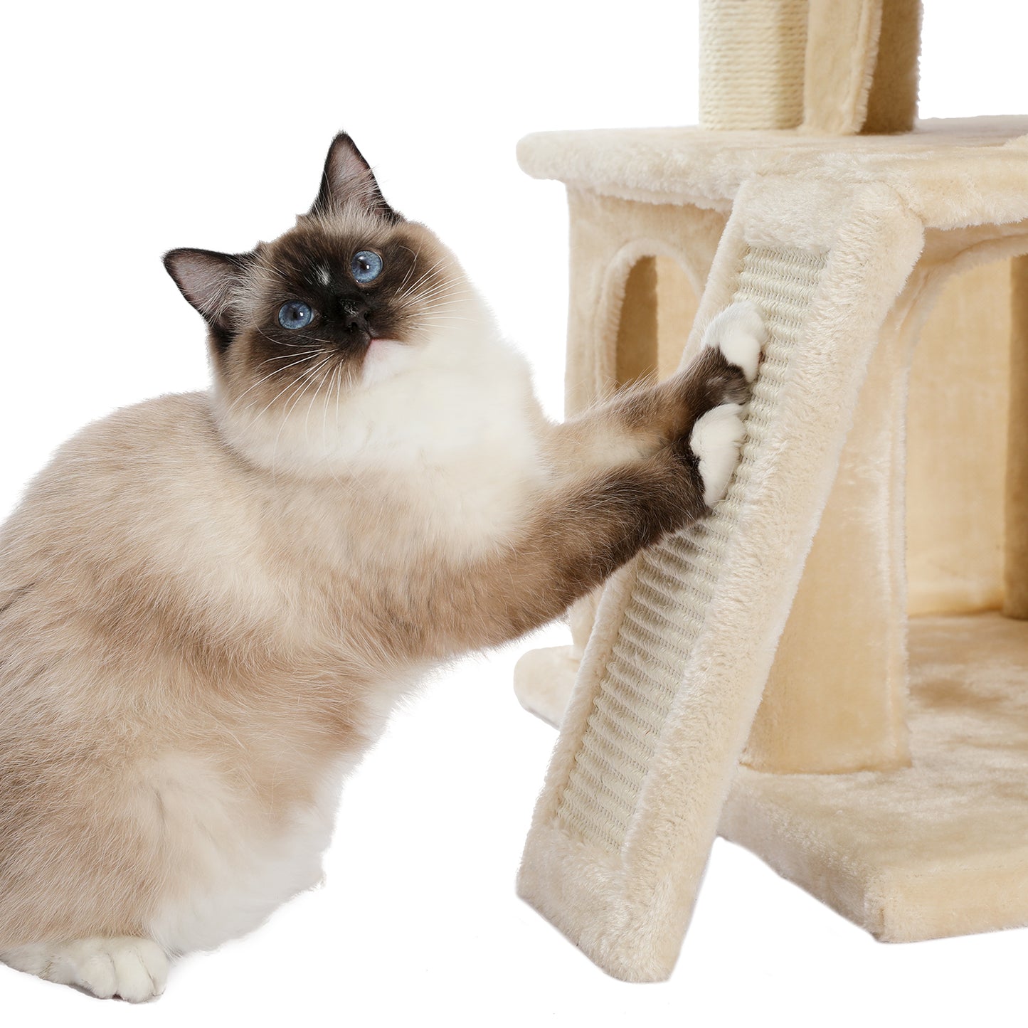 Cat Tree Luxury 34" Cat Tower with Double Condos, Spacious Perch, Scratching Sisal Posts, Dangling Balls - Beige