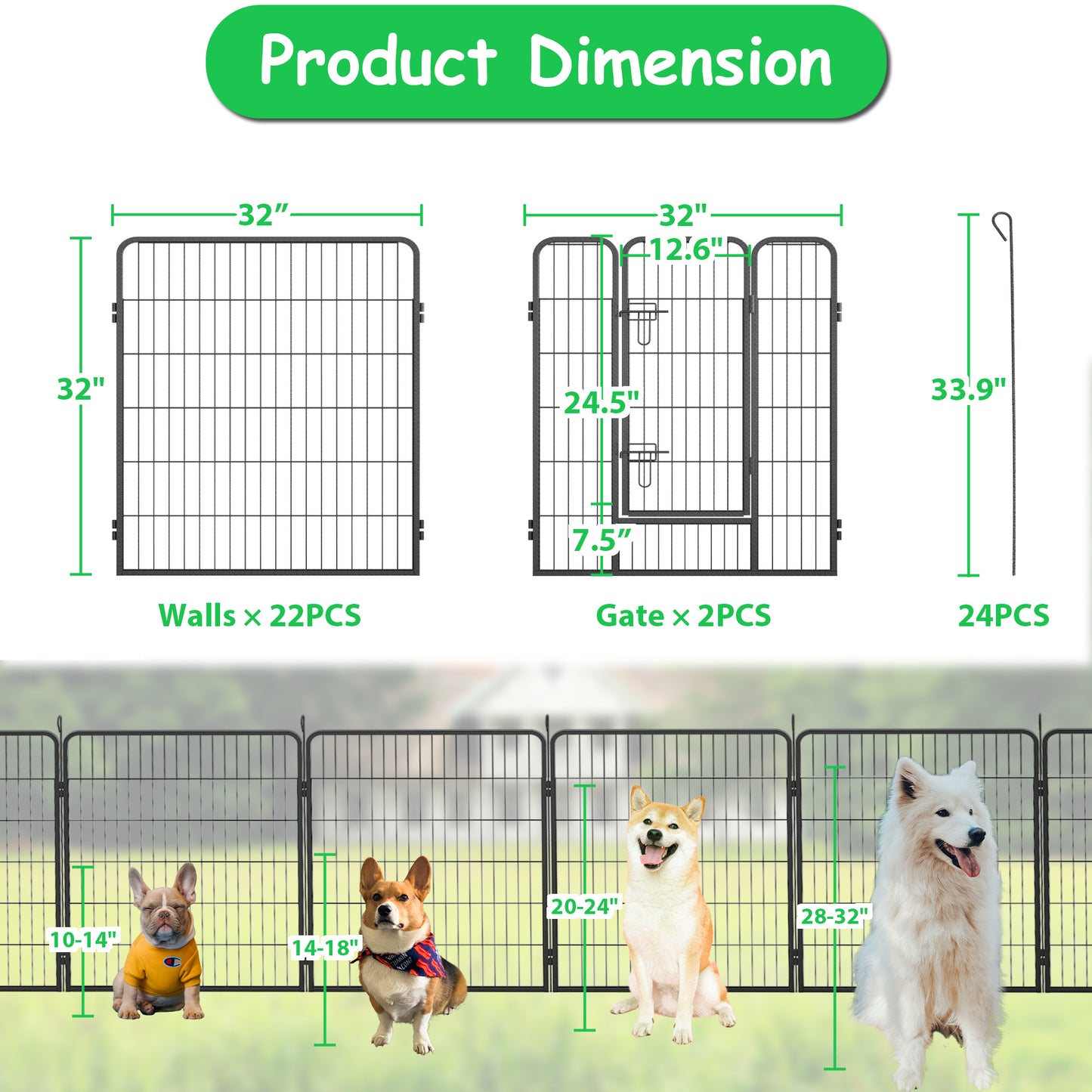 Dog Pens Outdoor 32" Height Foldable24 Panels Heavy Duty Metal Portable Dog Playpen Indoor Anti-Rust Exercise Dog Fence with Doors for Large/Medium/Small Pets Play Pen for RV Camping Yard