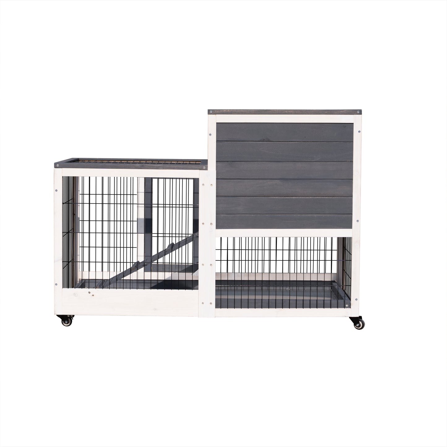 Removable Tray Ramp Wooden Outdoor Rabbit Hutch with Enclosed Run - Ideal for Small Animals - Coop with Running Cage, Wheels, and Ramp (Size and Color Options)