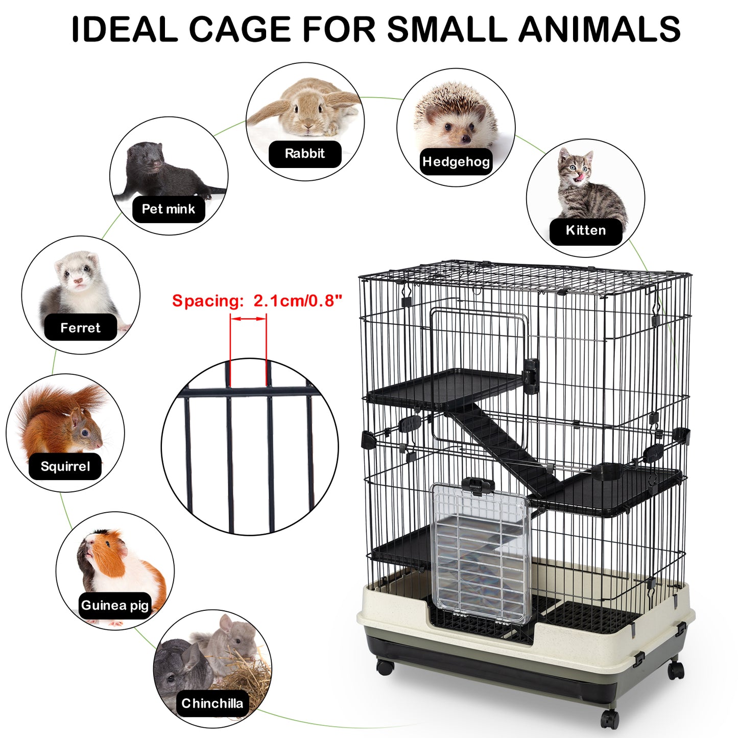 4-Tier 32" Small Animal Cage, Height Adjustable with Lockable Casters, Grilles & Pull-out Tray for Rabbit, Chinchilla, Ferret, Bunny, Guinea Pig, Squirrel, Hedgehog - Black