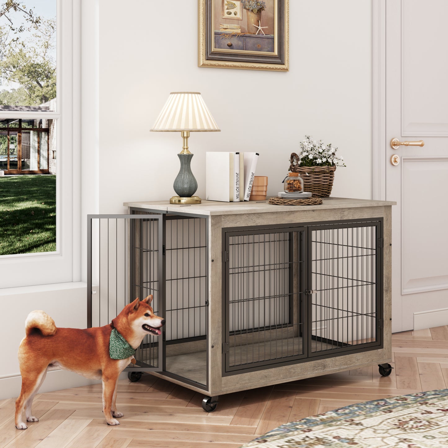 Furniture Style Dog Crate Side Table on Wheels: Double Doors & Lift Top | Grey | 38.58''w x 25.5''d x 27.36''h