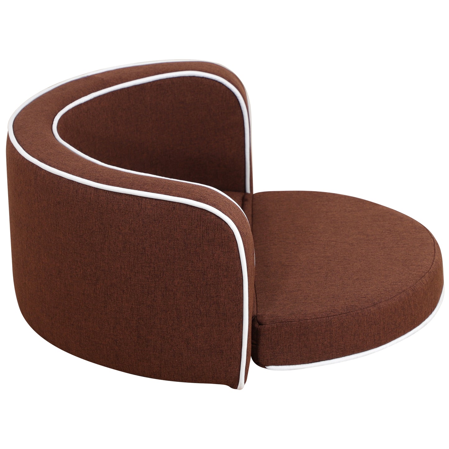 30" Brown Round Pet Sofa - Wooden Structure, Linen Goods, White Roller Lines on Edges - Curved Appearance with Cushion