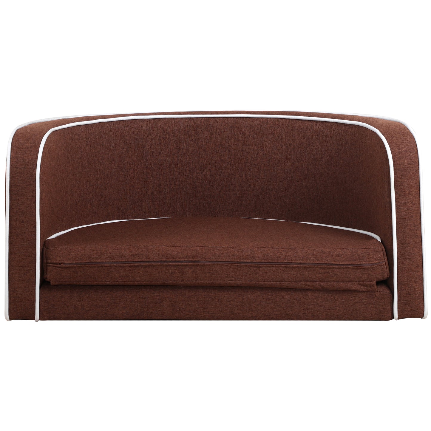 35" Brown Pet Sofa with Wooden Structure, Linen Goods, White Roller Lines, Curved Appearance & Cushion