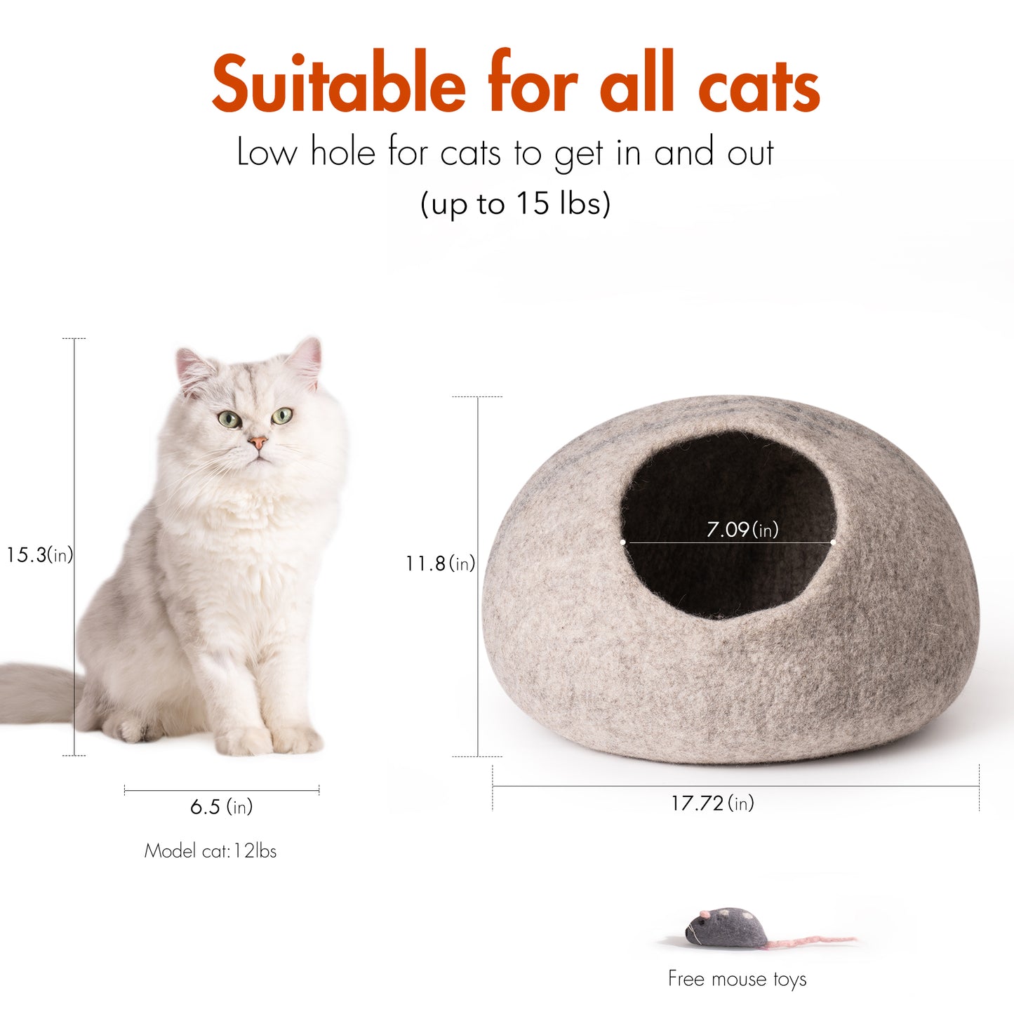 Handmade Wool Cat Cave Bed with Mouse Toy - Cozy and Comfortable Sleeping Space for Your Feline Companion - Available in Various Sizes and Colors